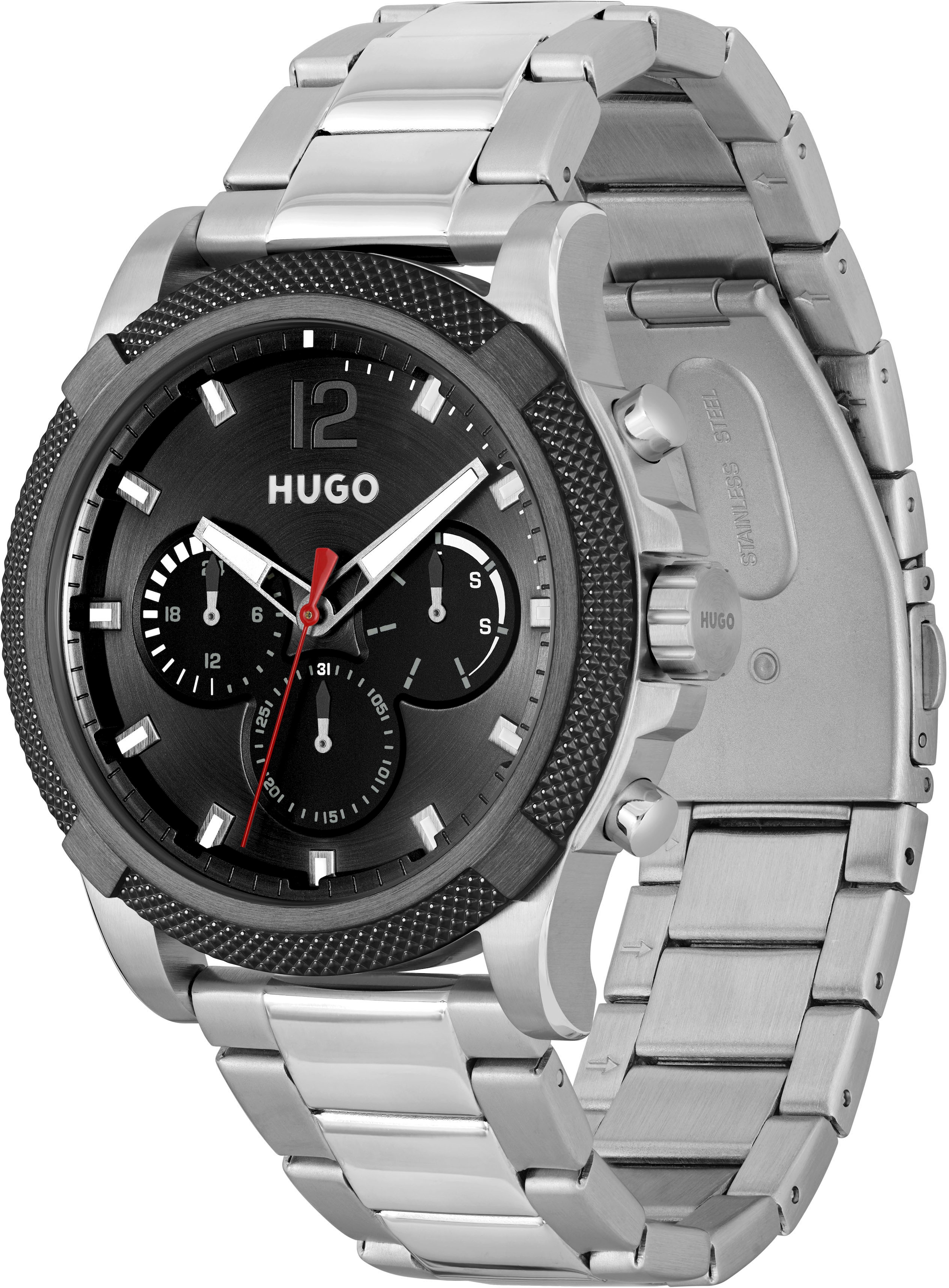 HUGO Multifunktionsuhr »#IMPRESS - FOR HIM«, Quarzuhr, Armbanduhr, Herrenuhr, Datum, Edelstahlarmband