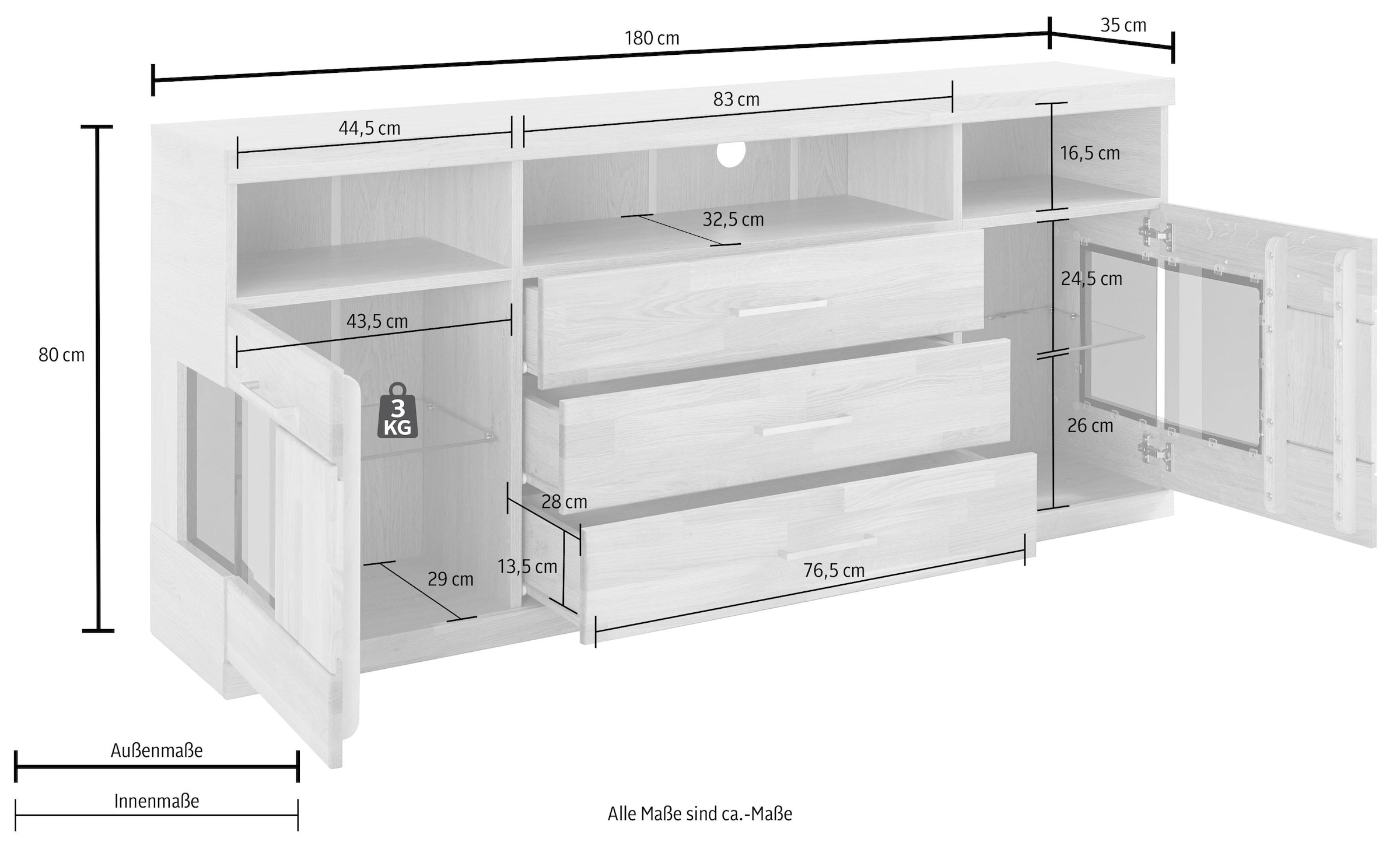 Home affaire Sideboard »Ribe,180cm breit, Fronten Massivholz,7 Fächer,Böden versetzbar«, Korpus Holzwerkstoff,Türen mit Glaseinsatz,3 breite Schubladen