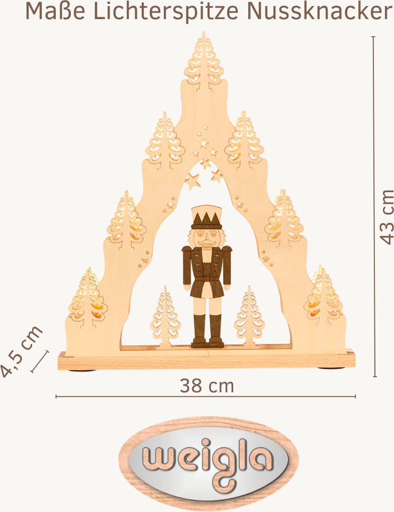 Weigla LED Schwibbogen »Nussknacker, Lichterspitze aus Holz, NATUR-BRAUN«, Erzgebirge garantiert, Weihnachtsdeko Innen, Weihnachtsbeleuchtung
