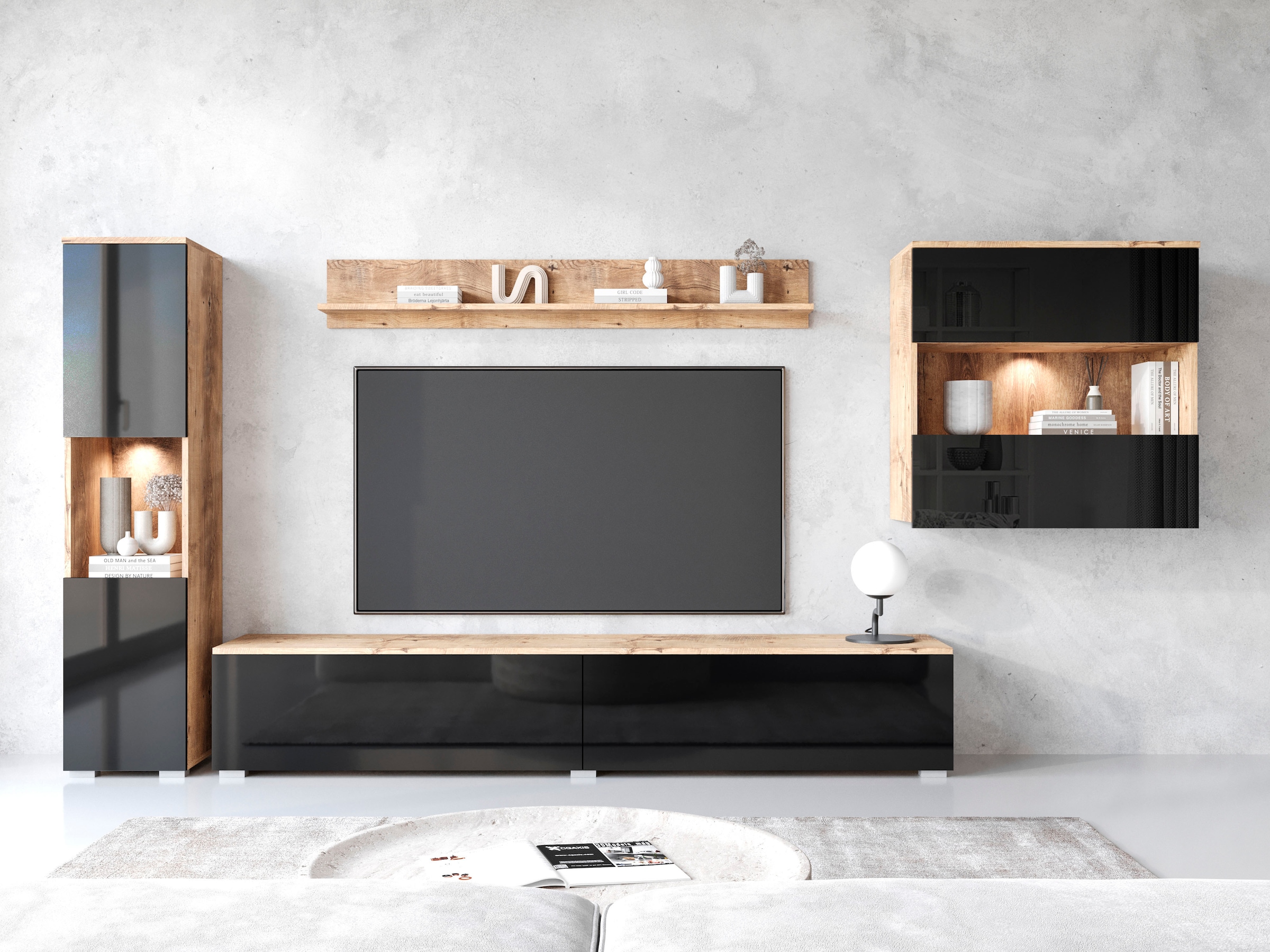 INOSIGN Wohnwand »PARIS«, (Komplett-Set, 4 St.), TV-Wand 300cm breite, grifflose Design, stehend und hängend montierbar