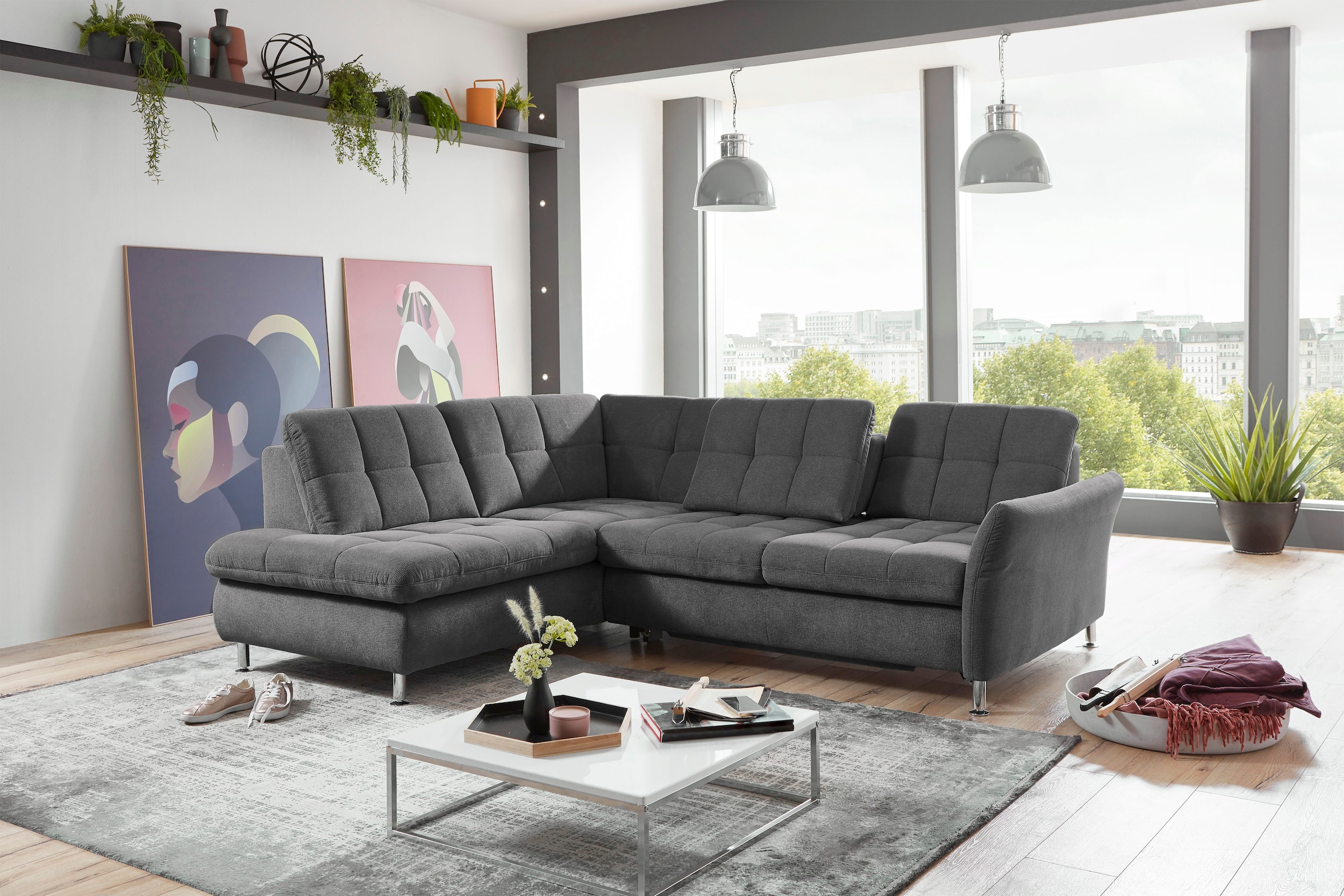 Die PlanBar Ecksofa »MP-IN20016 L-Form mit Federkern-Polsterung« wahlweise mit Kopfstützen und Bettfunktion