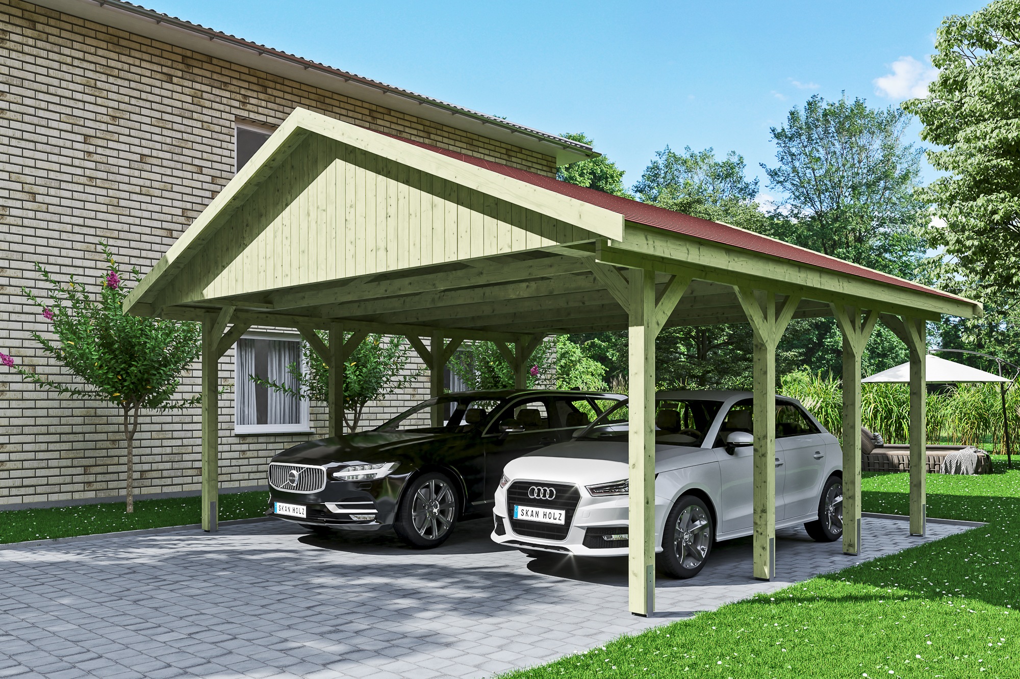 Skanholz Doppelcarport »Wallgau«, 530 cm, Grün, mit roten Dachschindeln