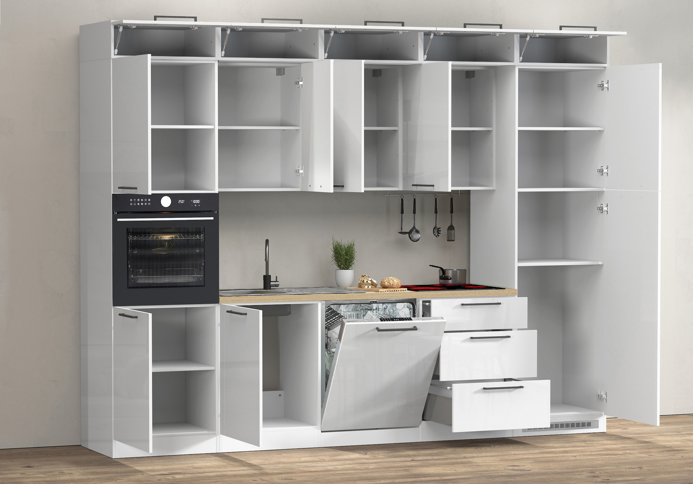 KOCHSTATION Küchenzeile »Luna, Einbauküche, Zeilenküche, mit Soft-Close Funktion, Made in Italy« Breite 300 cm ohne E-Geräte, mit Spüle+Siphon und Aufsatz