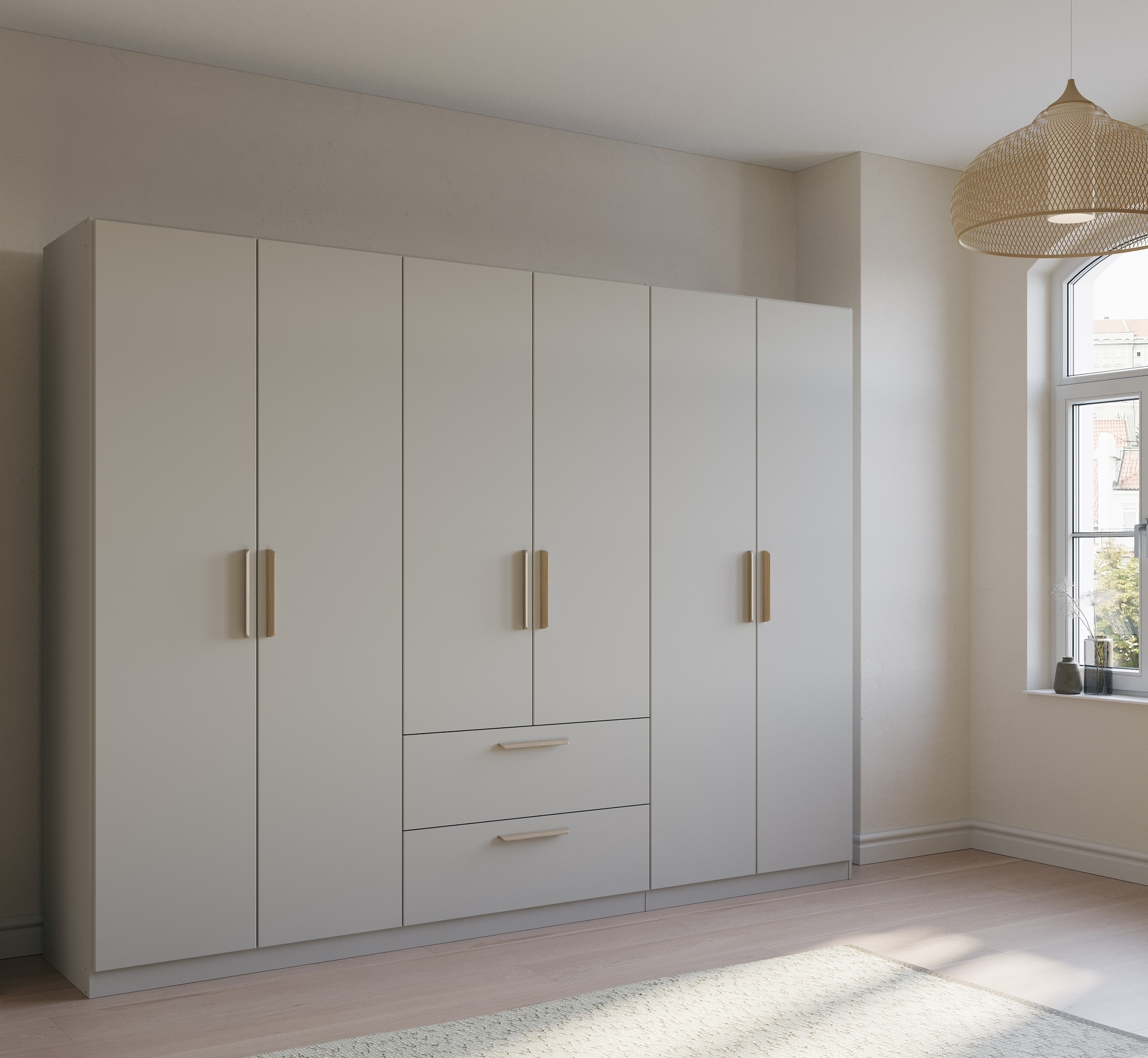 rauch Kleiderschrank »Skandi by Quadra Spin Schlafzimmerschrank«, im Landhaus-Stil mit Massivholzgriffen aus Wildeiche, mit Schubladen