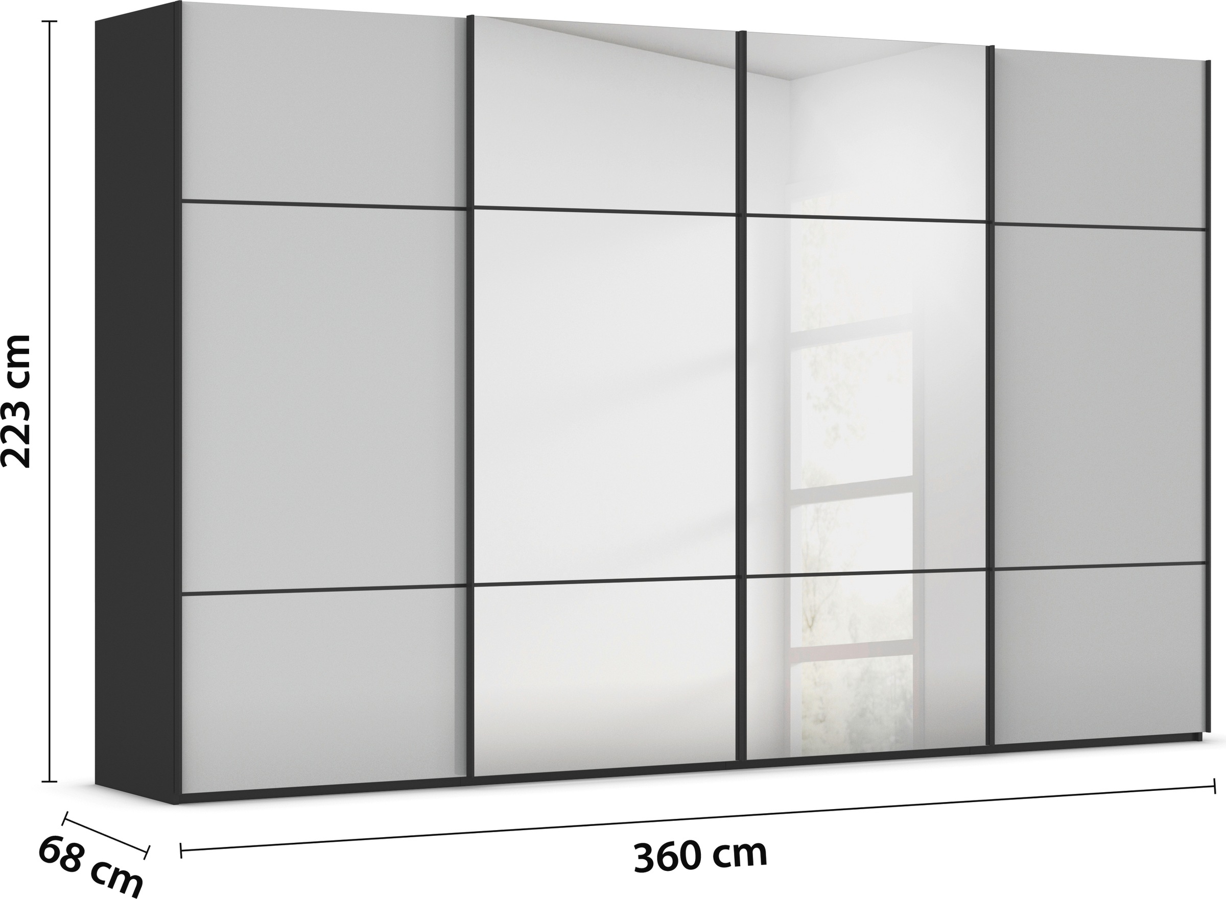 rauch Schwebetürenschrank »Kleiderschrank Schrank Garderobe Schlafzimmerschrank SCALE-TRIO«, edle dreigeteilte Front mit 2 Zierleisten Spiegel/Glas MADE IN GERMANY