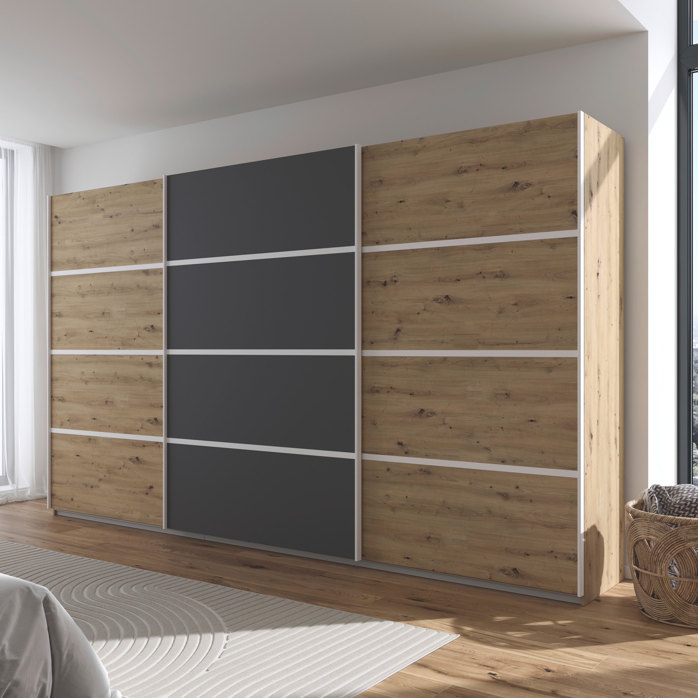 rauch Kleiderschrank »Schwebetürenschrank Garderobe Schrank TOP ANGEBOT Avola«, (in 3 verschiedenen Ausstattungen BASIC/CLASSIC/PREMIUM), mit eleganten Zierleisten in Chrom, Schwarz oder Weiß MADE IN GERMANY