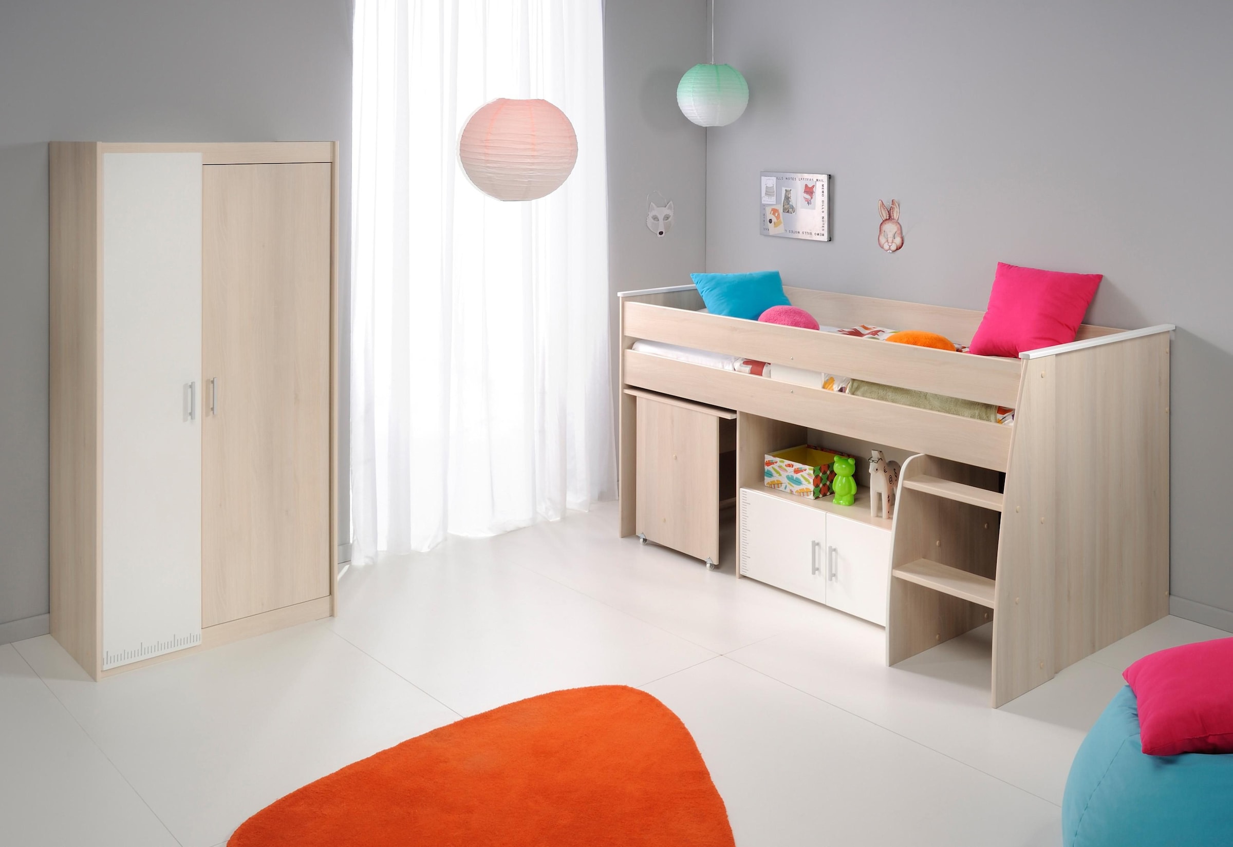 Parisot Jugendzimmer-Set »Charly«, (Set, 3 tlg., Kleiderschrank und ein halbhohes Bett (inkl. Schreibtisch) und Kommode), Bett mit herausziehbarem Schreibtisch auf Rollen
