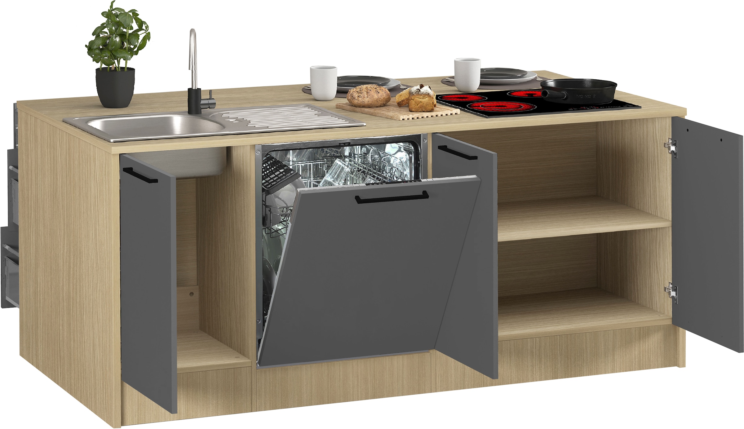 KOCHSTATION Küchenzeile »Luna, Küchenblock, Kücheninsel, Hängeschrank, Made in Italy« 3er-Set, Metallgriffe, Soft-Close-Funktion, inklusive Spüle