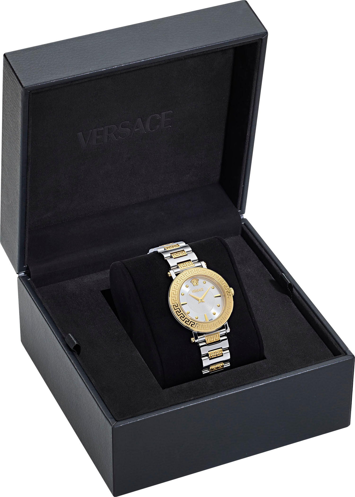 Versace Quarzuhr »GRECA SPHERE«, Armbanduhr, Damenuhr, Swiss Made, Saphirglas, Edelstahlarmband, analog