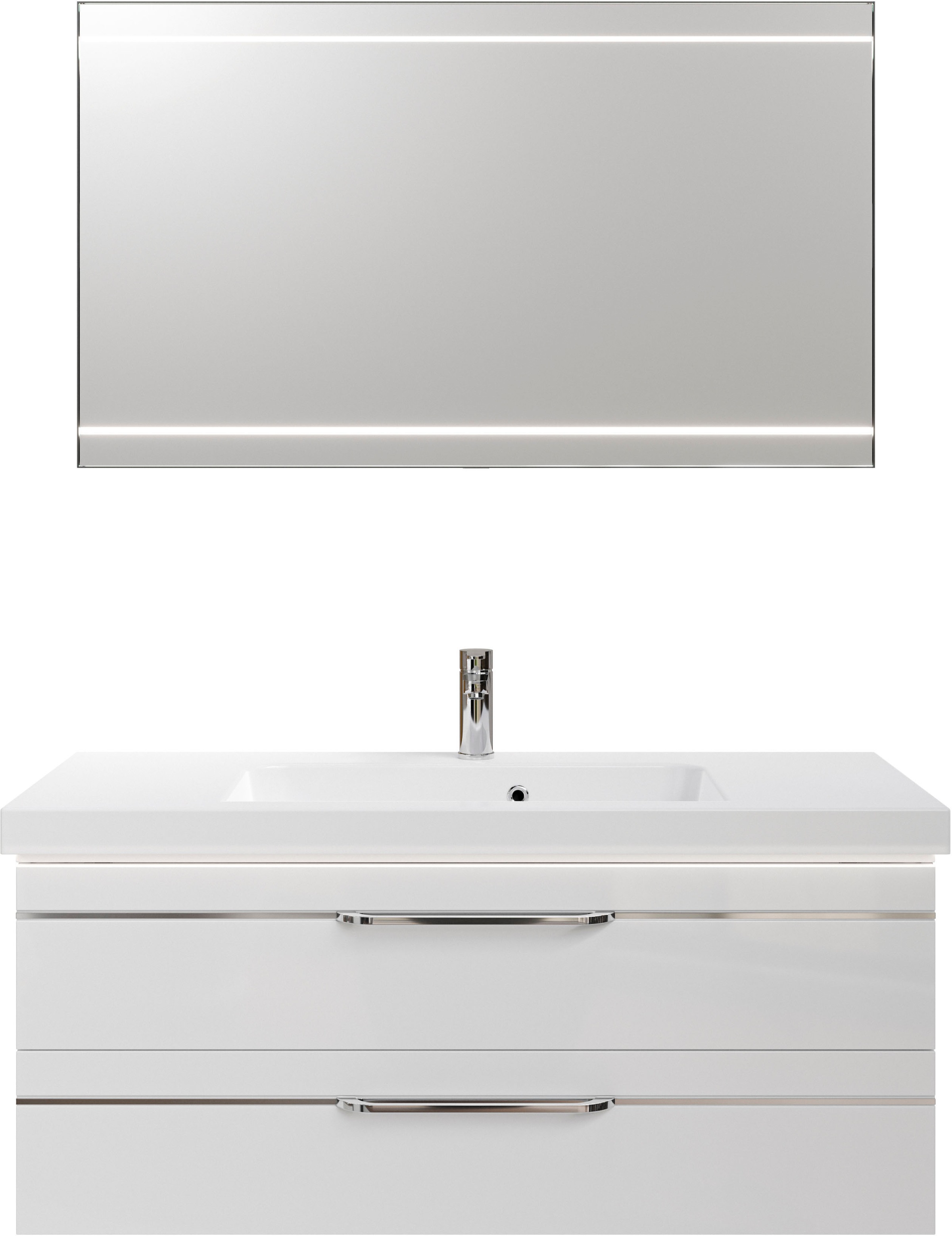 Saphir Badmöbel-Set »Balto 2-teilig Mineralmarmor-Waschtisch mit LED-Spiegel, 123 cm breit«, (2 St.), Waschplatz mit 2 Schubladen, Badschrank inkl. Schubladendämpfer