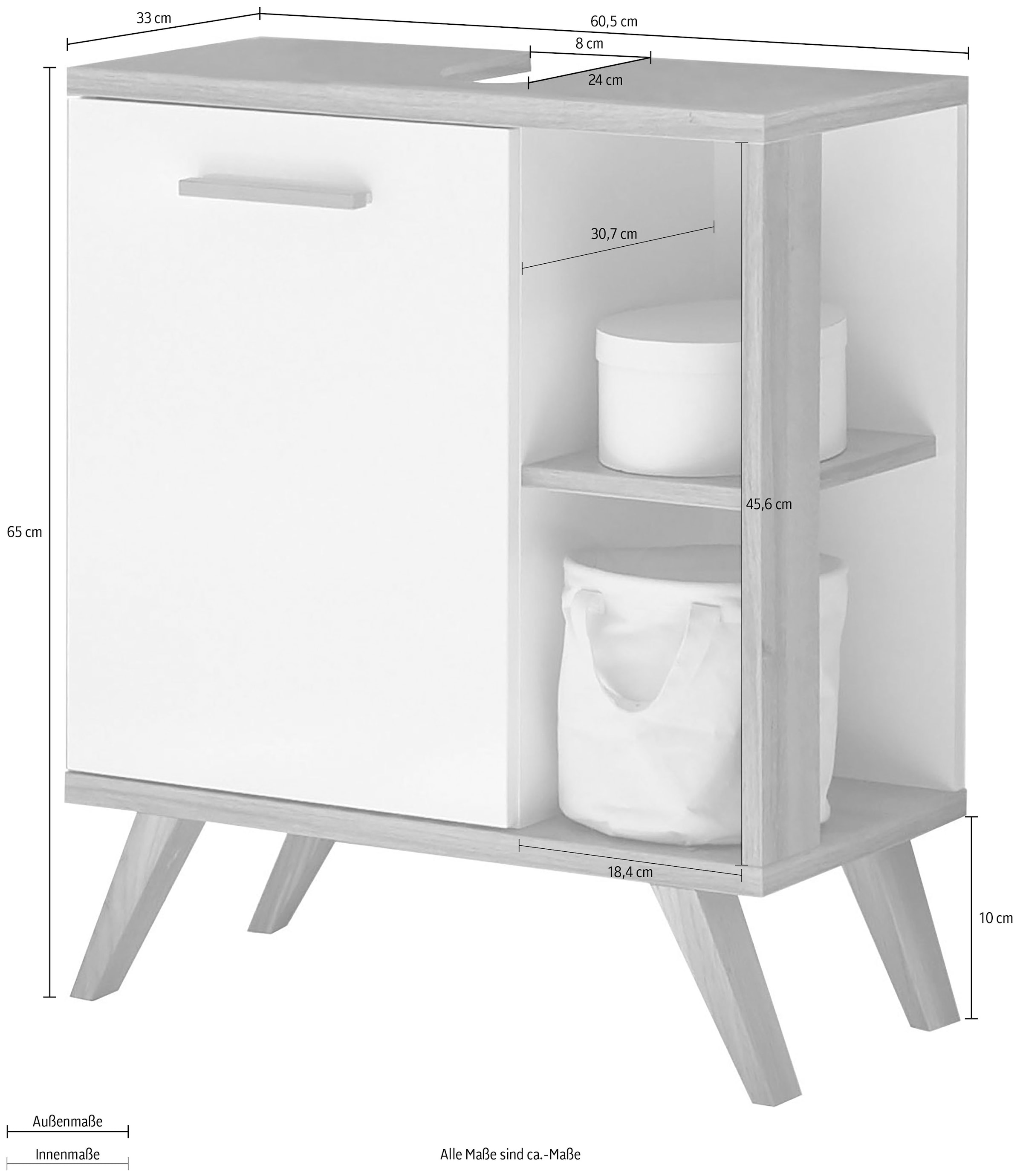 Saphir Waschbeckenunterschrank »Quickset Unterbeckenschrank mit 1 Tür, 60,5 cm breit, ohne Waschbecken«, Waschbeckenschrank inkl Türdämpfer, seitliche Ablagefächer, Holzgriffe