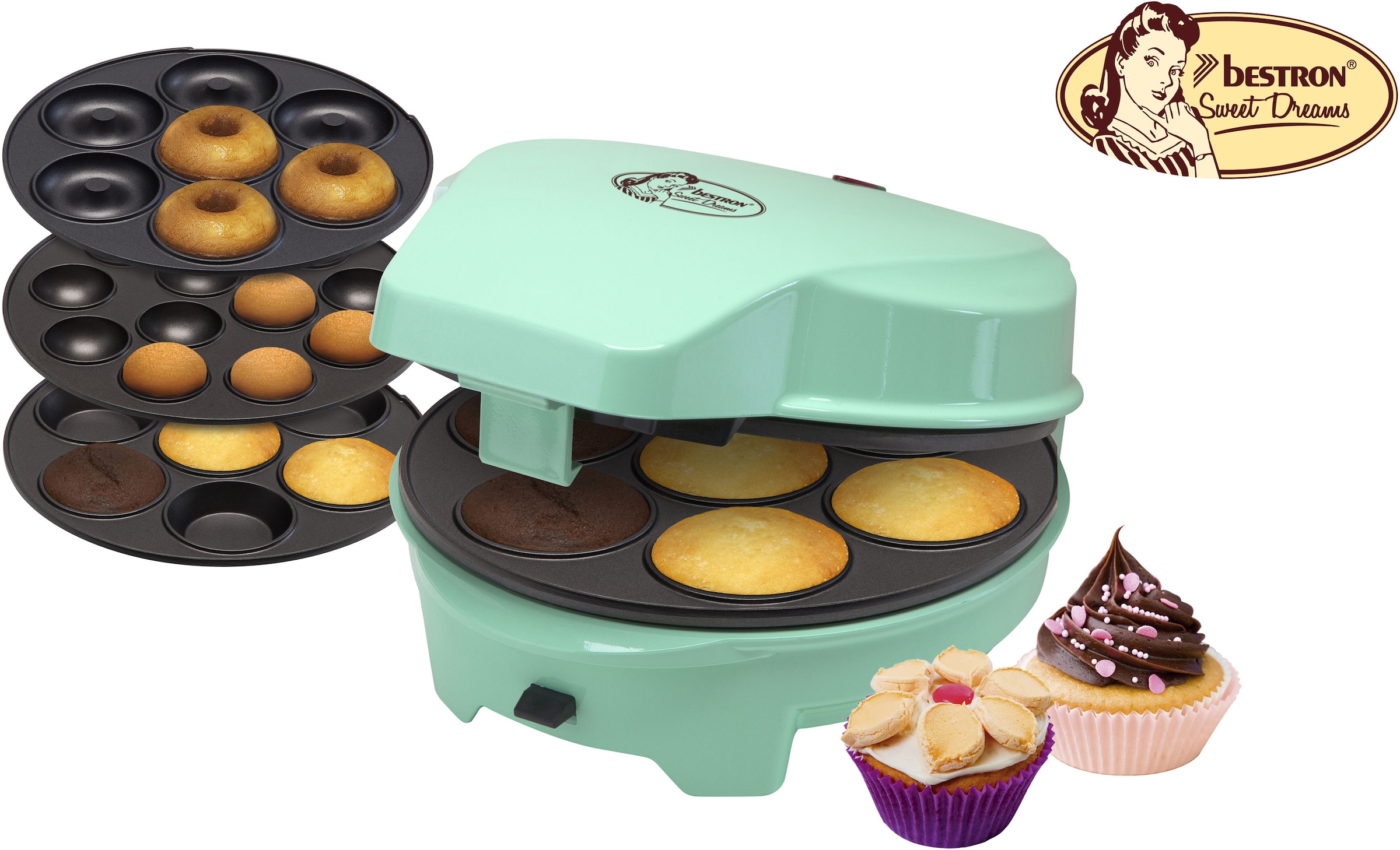 bestron Muffin-Maker »ASW238 mint Sweet Dreams«, 700 W, Retro Design, mit 3 auswechselbaren Backplatten, antihaftbeschichtet