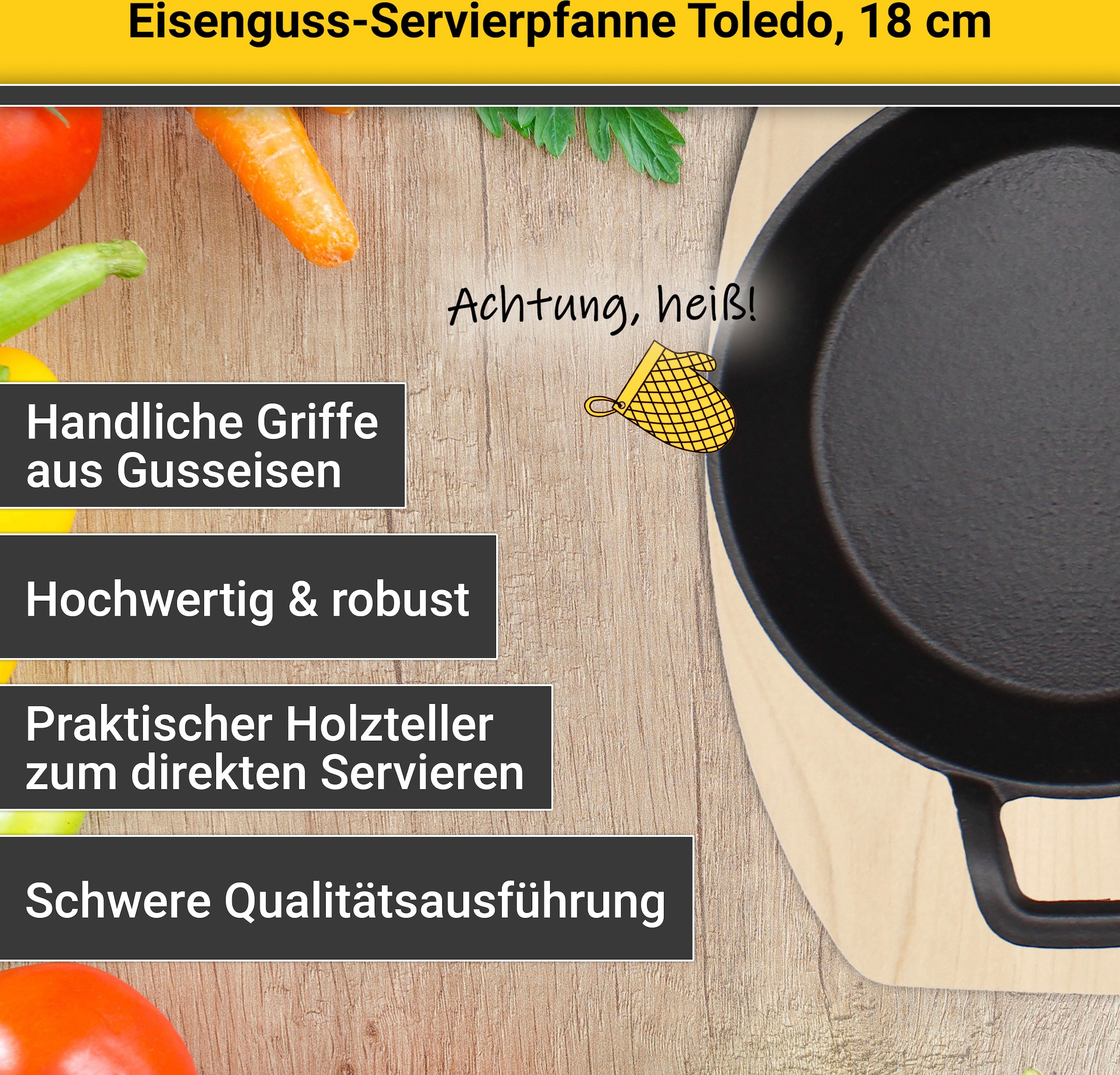 Krüger Servierpfanne »Eisenguss Brat- und Servierpfanne mit Holzteller TOLEDO, 18 cm«, Gusseisen, (1 tlg.), für Induktions-Kochfelder geeignet