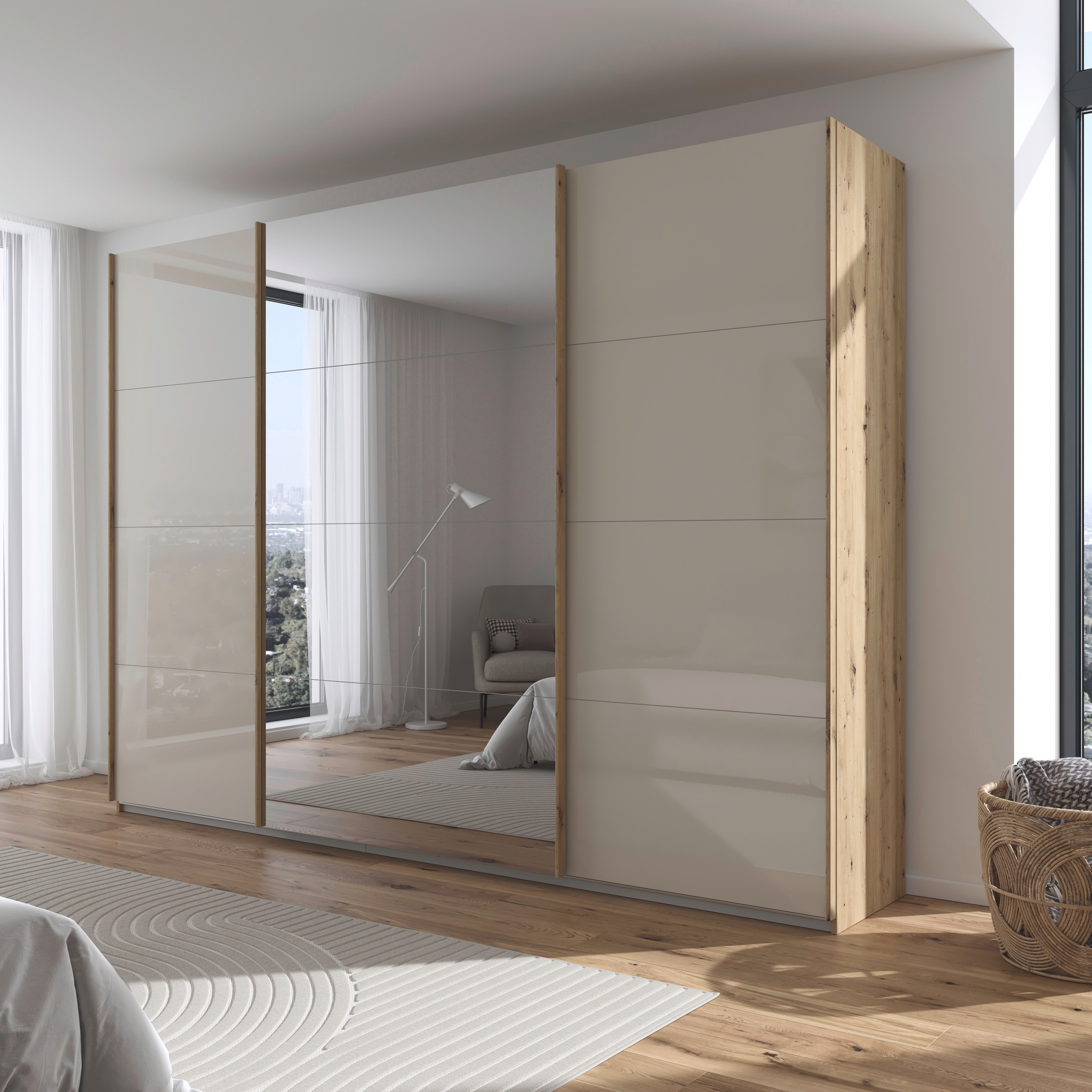 rauch Schwebetürenschrank »Kleiderschrank Kleiderschränke Schrank Garderobe AGORDO mit Glasfront«, durchdachte Innenausstattung, in 4 Breiten und 2 Höhen MADE IN GERMANY