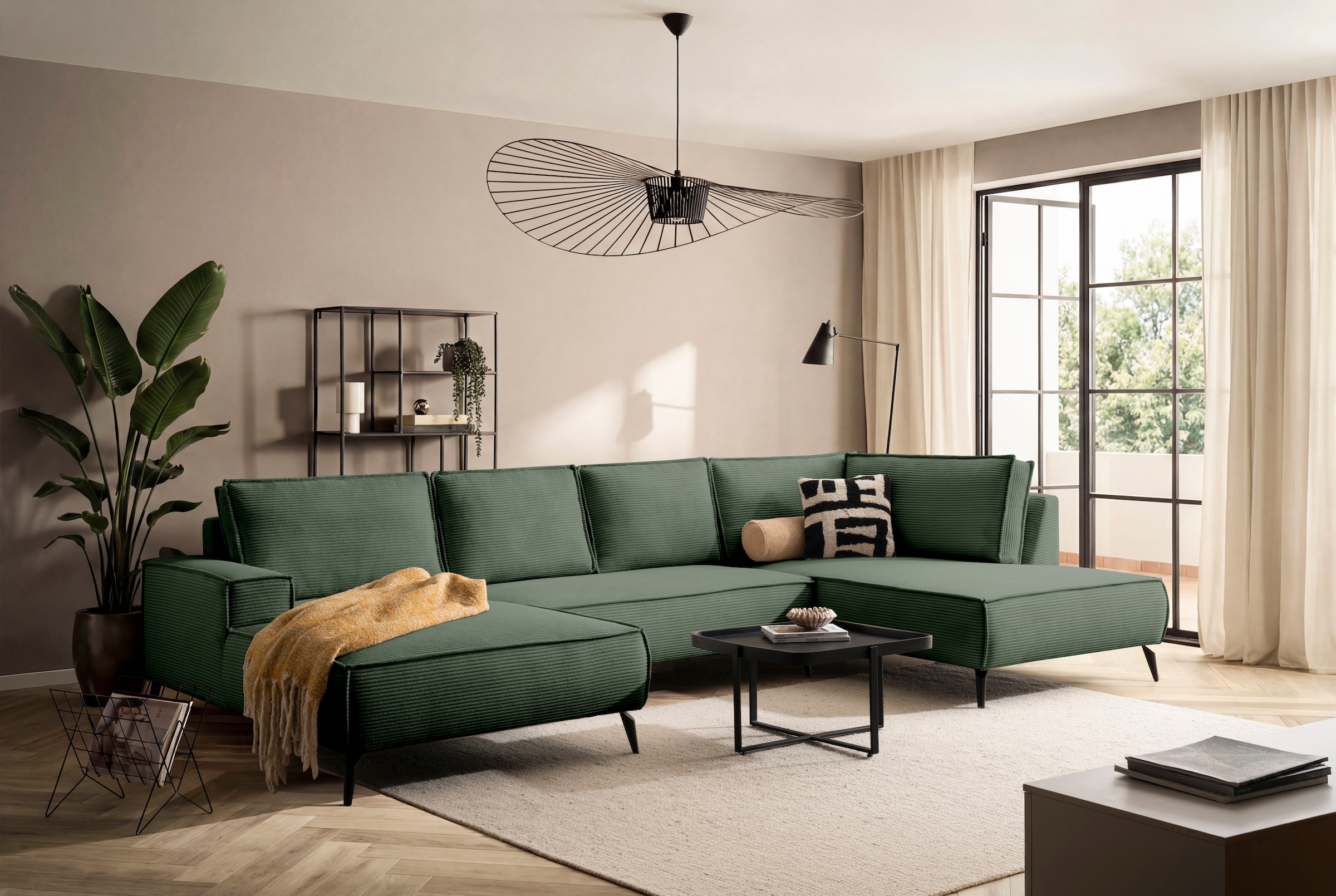 Home affaire Wohnlandschaft »Tvinnu, moderne U-Form, Couch in Cord oder Webstoff in Leinenoptik« Recamiere rechts/links, schwarze Metallfüße, bequeme Sitz-/Liegefläche