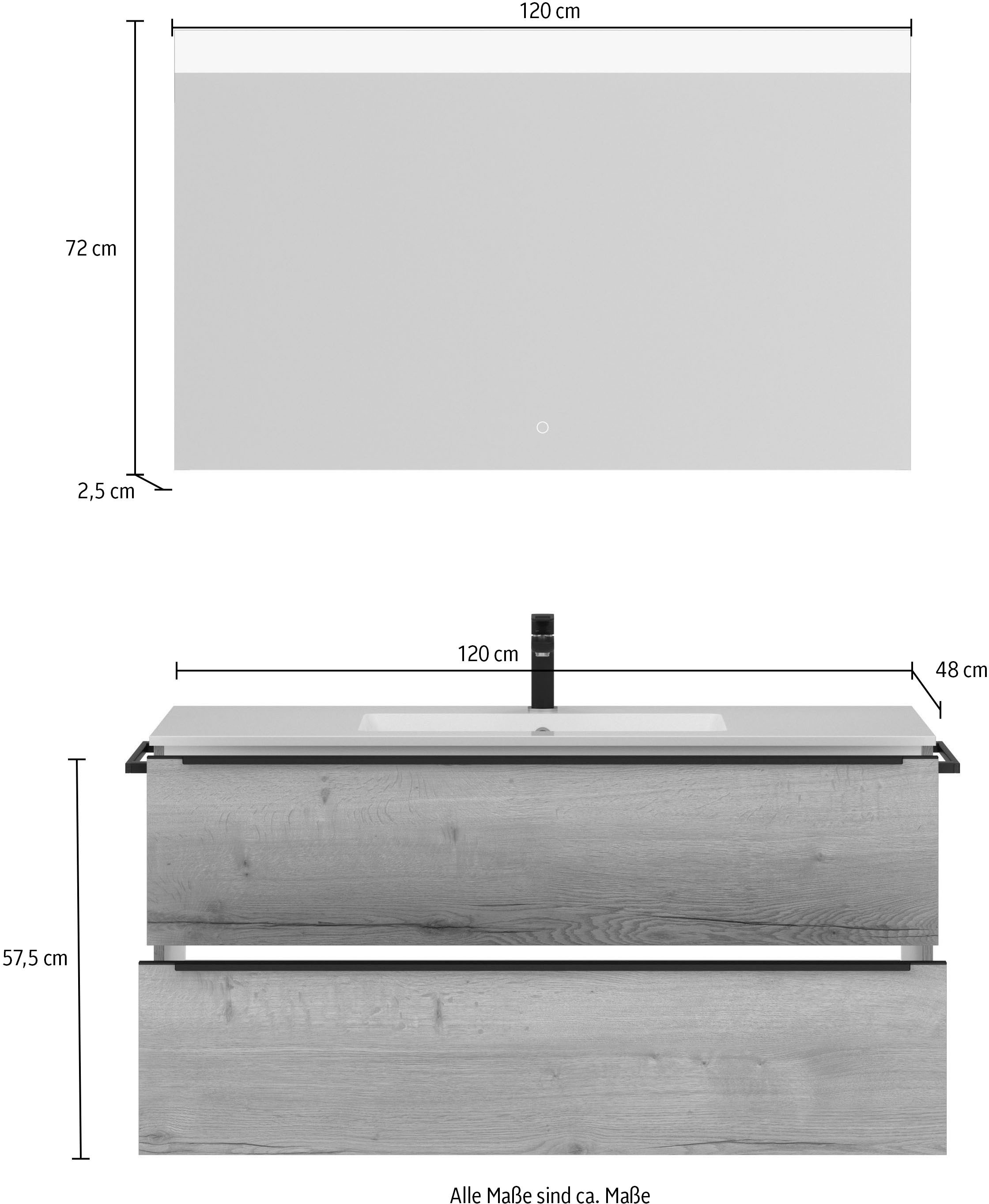 nobilia® Badmöbel-Set »Levere«, (2 St., vormontiert, mit Soft-Close), Hochglanz, inkl. Spiegel mit Touch-Sensor, in vier Breiten