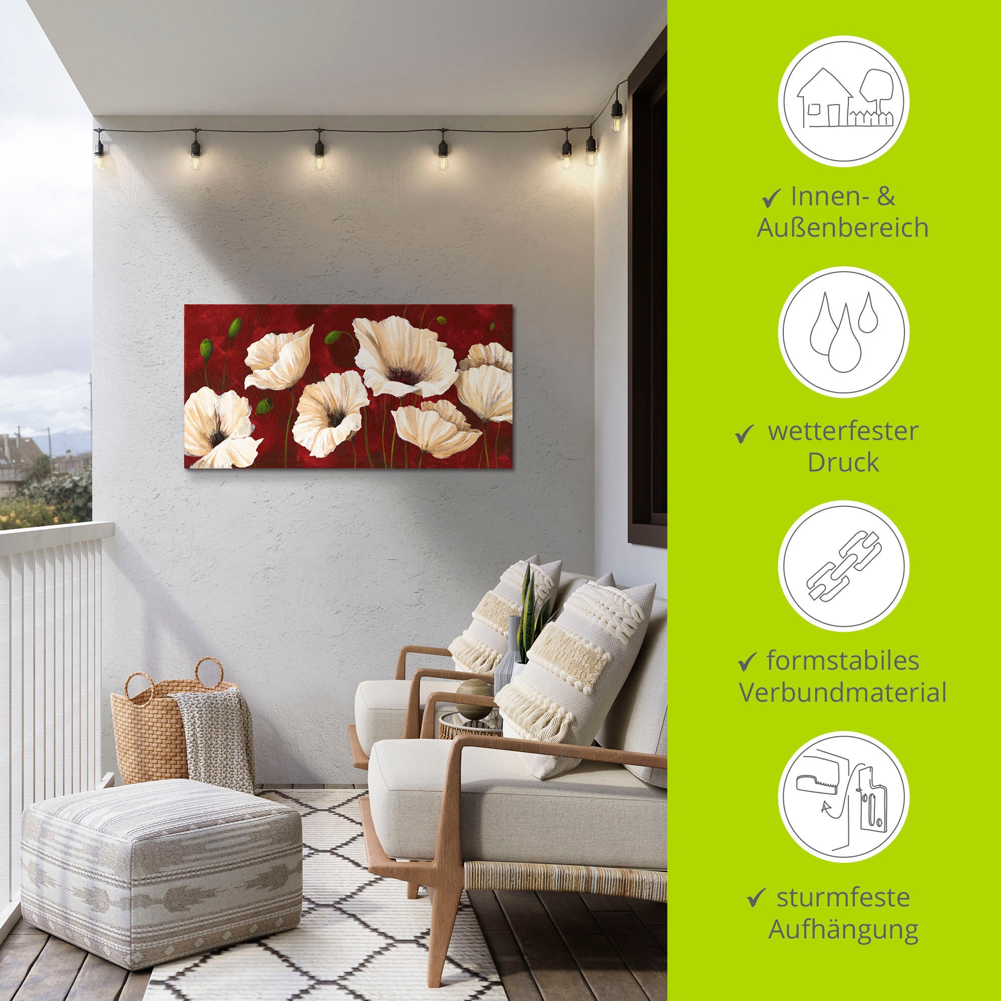 Artland Wandbild »Weiße Mohnblumen vor rot«, Blumen, (1 St.), als Alubild, Outdoorbild, Leinwandbild, Poster, Wandaufkleber