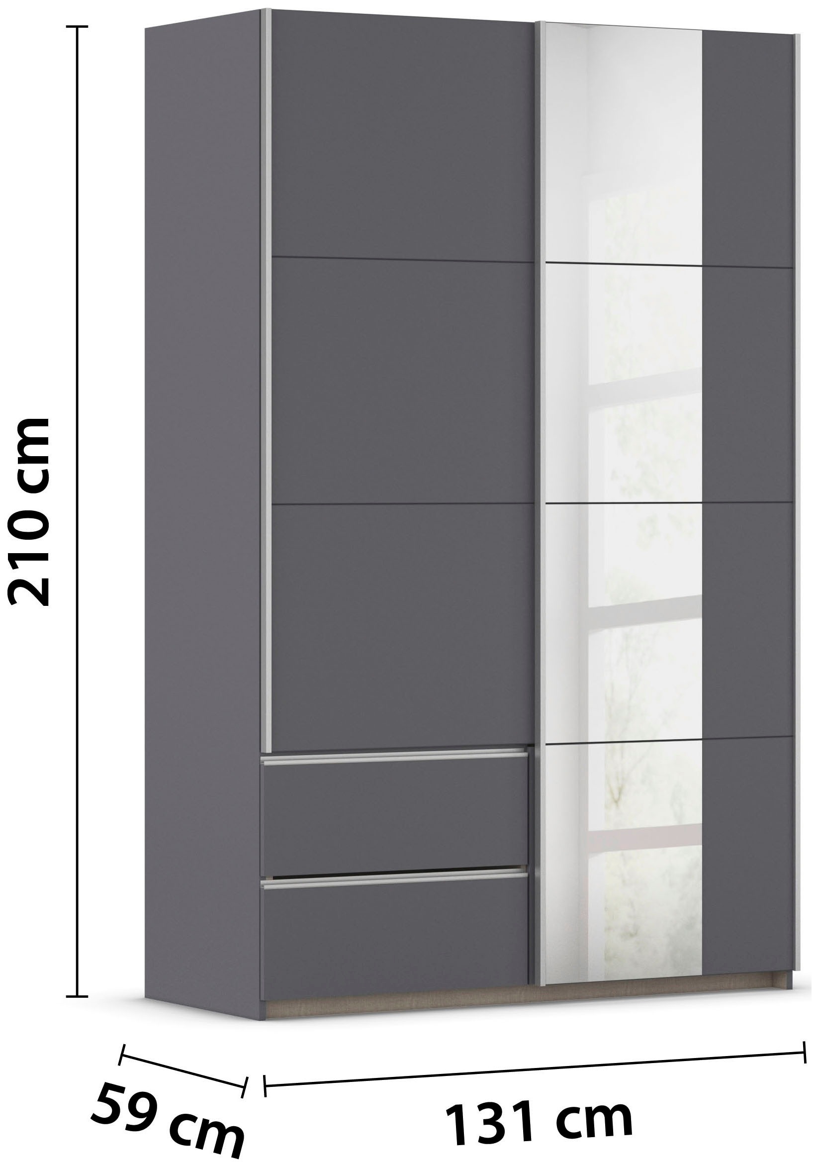 rauch Schwebetürenschrank »Kleiderschrank Schrank Garderobe Wäscheschrank SEVILLA mit Spiegel«, (in 3 verschiedenen Ausstattungen BASIC/CLASSIC/PREMIUM), Metall-Griffleisten alufarben oder Graumetallic MADE IN GERMANY