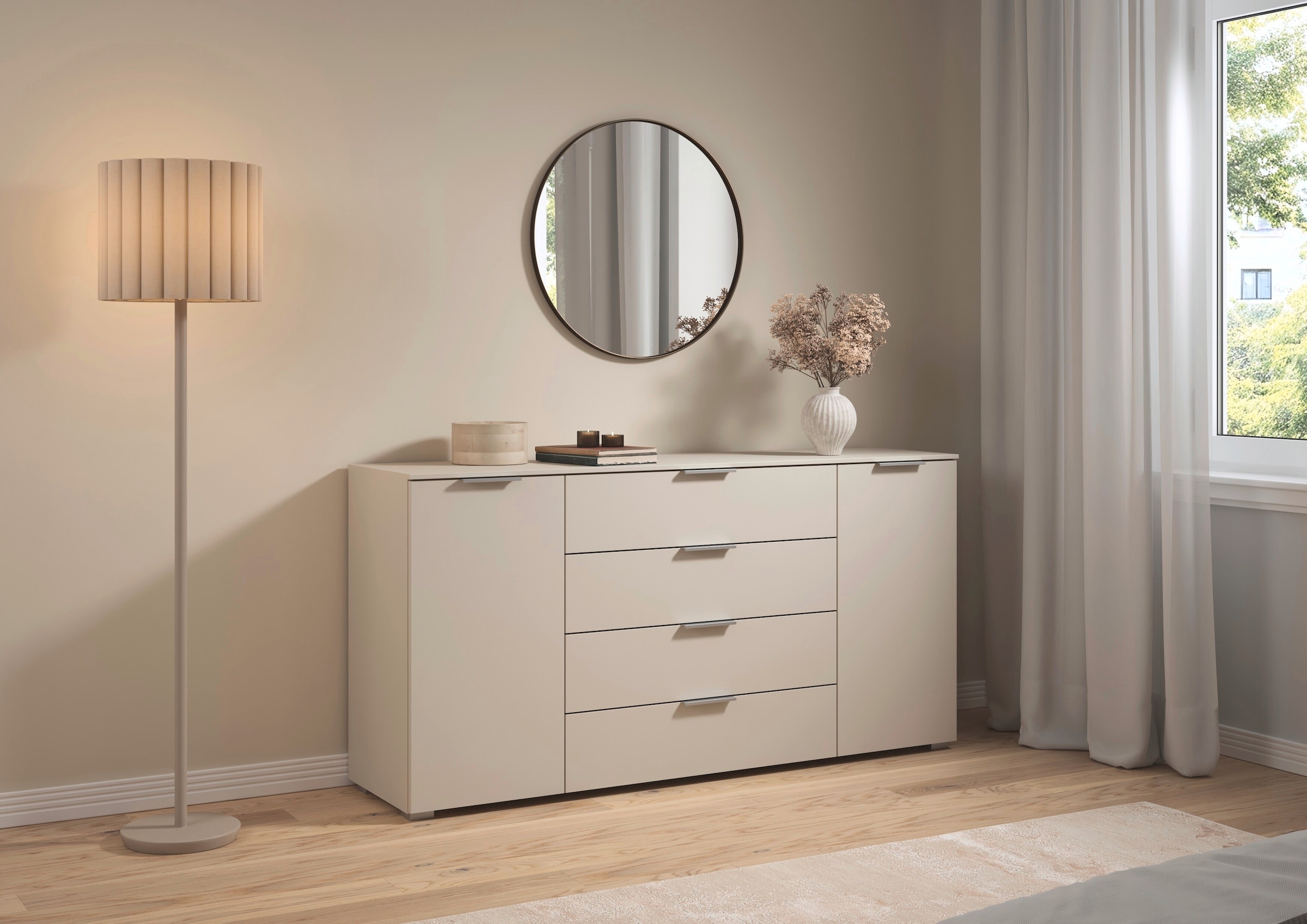 OTTO home Kombikommode »Kommode Sideboard Schubladenkommode Schlafzimmerkommode ASTANA« Breite 160 cm / Höhe 81 cm, mit 4 Einlegeböden,  2-türig, 4 geräumige Schubladen, Kantengriff Alufarben MADE IN GERMANY