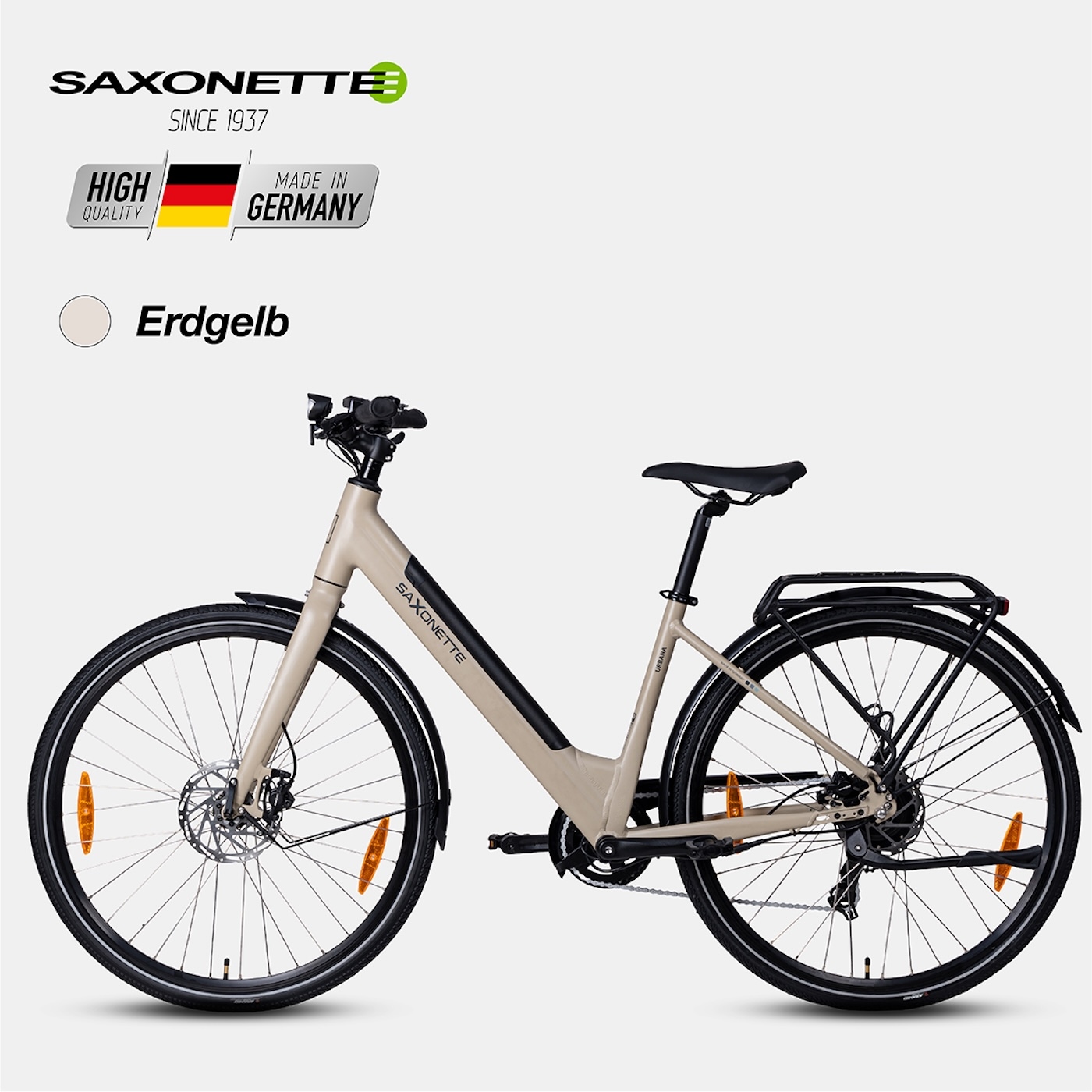 SAXONETTE »SAXONETTE E-BIKE Cityrad URBANA« 7 Gang Shimano Tourney 6/7-fach Schaltwerk Kettenschaltung Heckmotor 250 W Packung,  (mit integr. Akku), Elektrofahrrad für Alltag und Einkauf