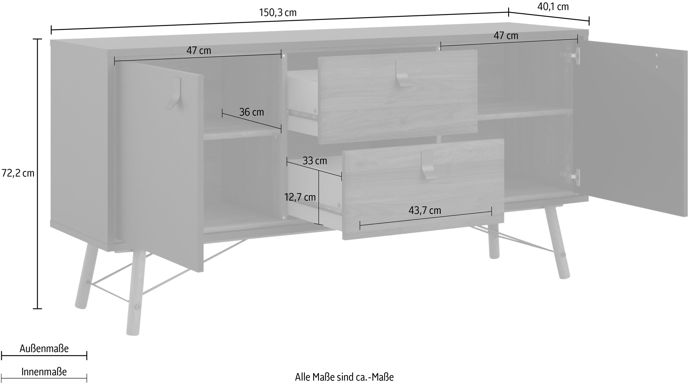 andas Sideboard »Ry Aufbewahrung, Schubladenschrank,«, Breite 150 cm, Höhe 72 cm, Kommode mit 2 Türen und 2 Schubläden