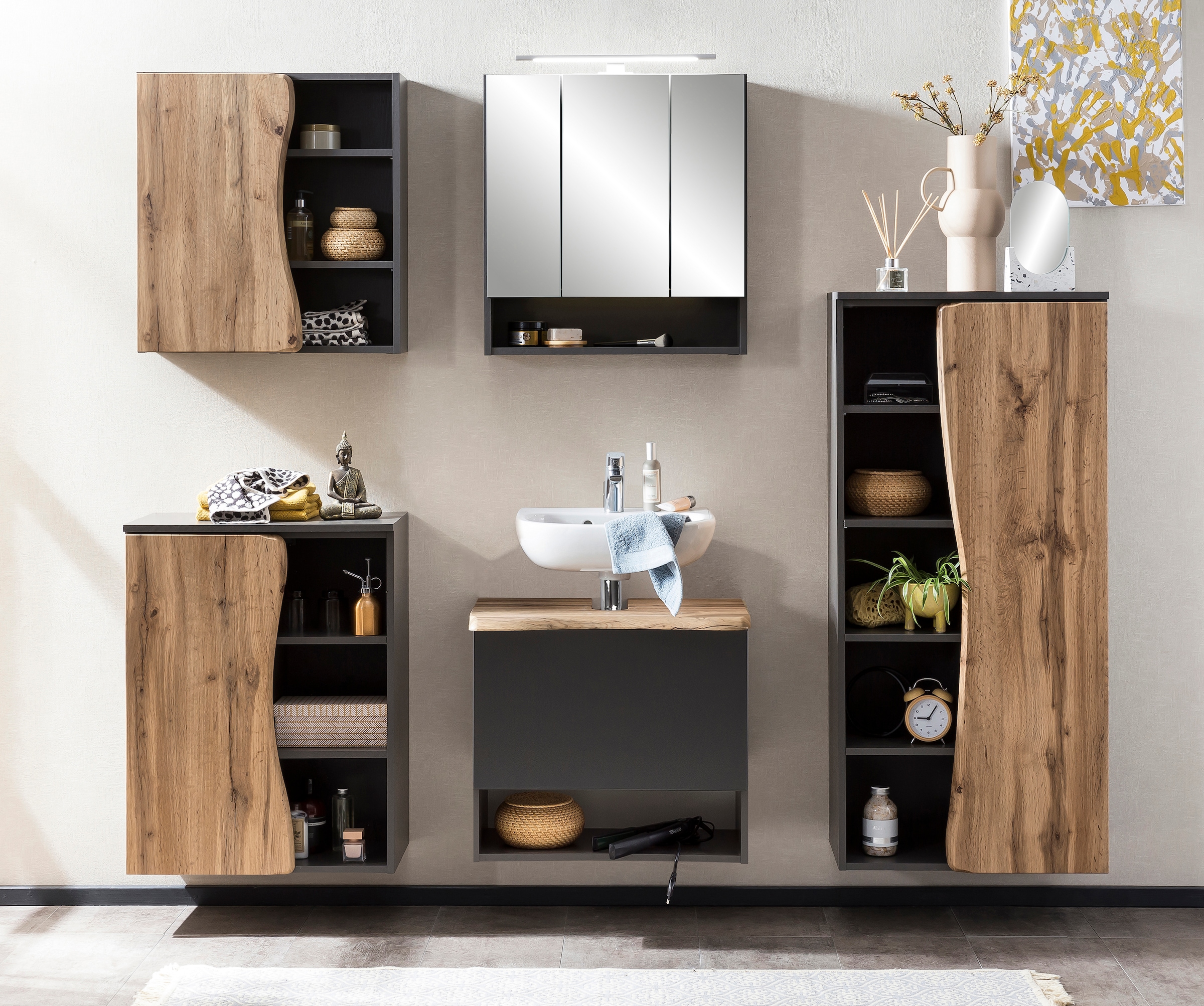 welltime Waschbeckenunterschrank »Stubach«, Bad Schrank, Abdeckplatte mit Baumkante, Breite 60 cm