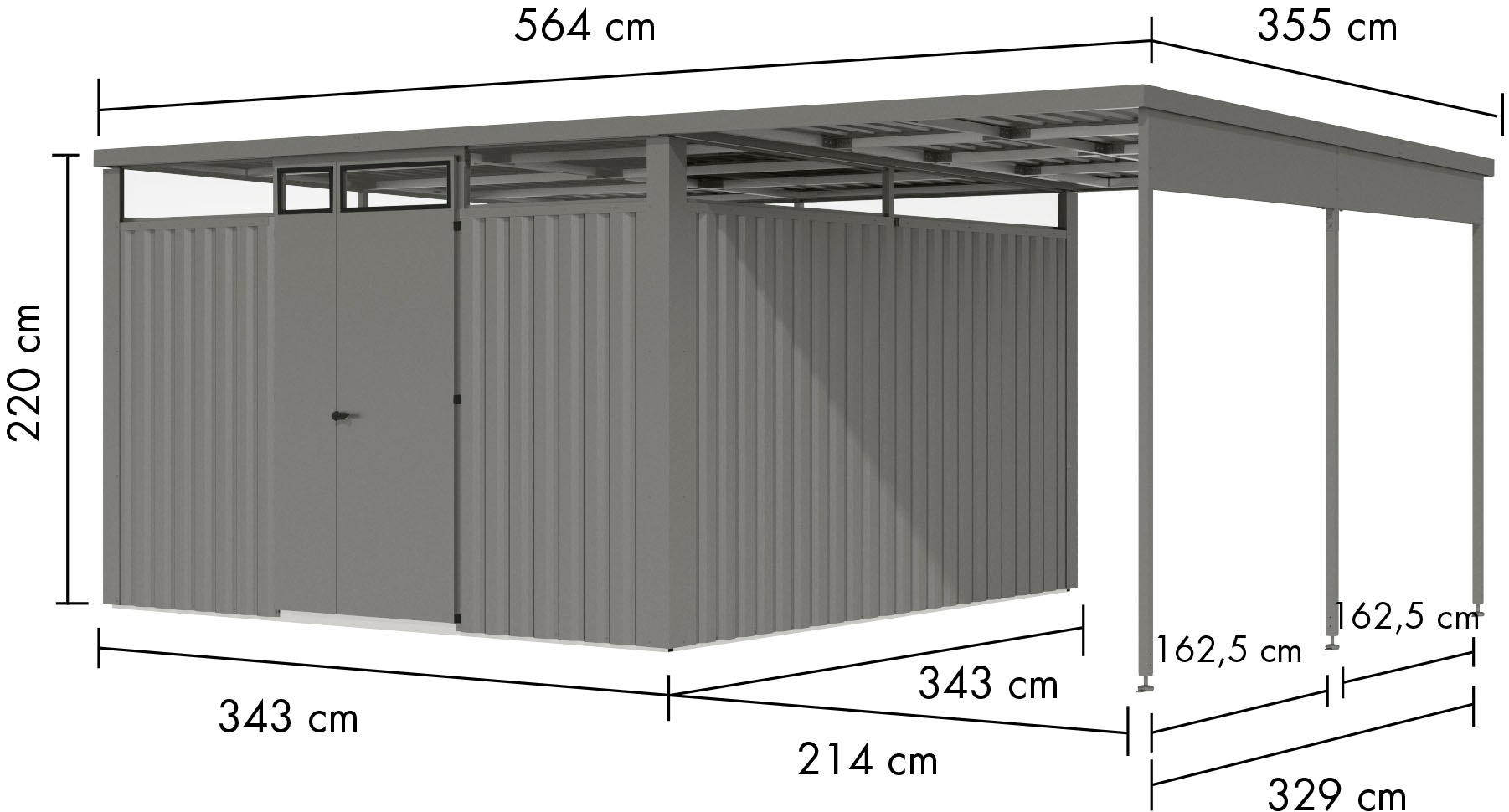 Karibu Gartenhaus »Metall mit Lichtband aus Kunststoff, Østen 3,5 SET«, in verschiedenen Farben, mit Anbaudach 2,25 m breit