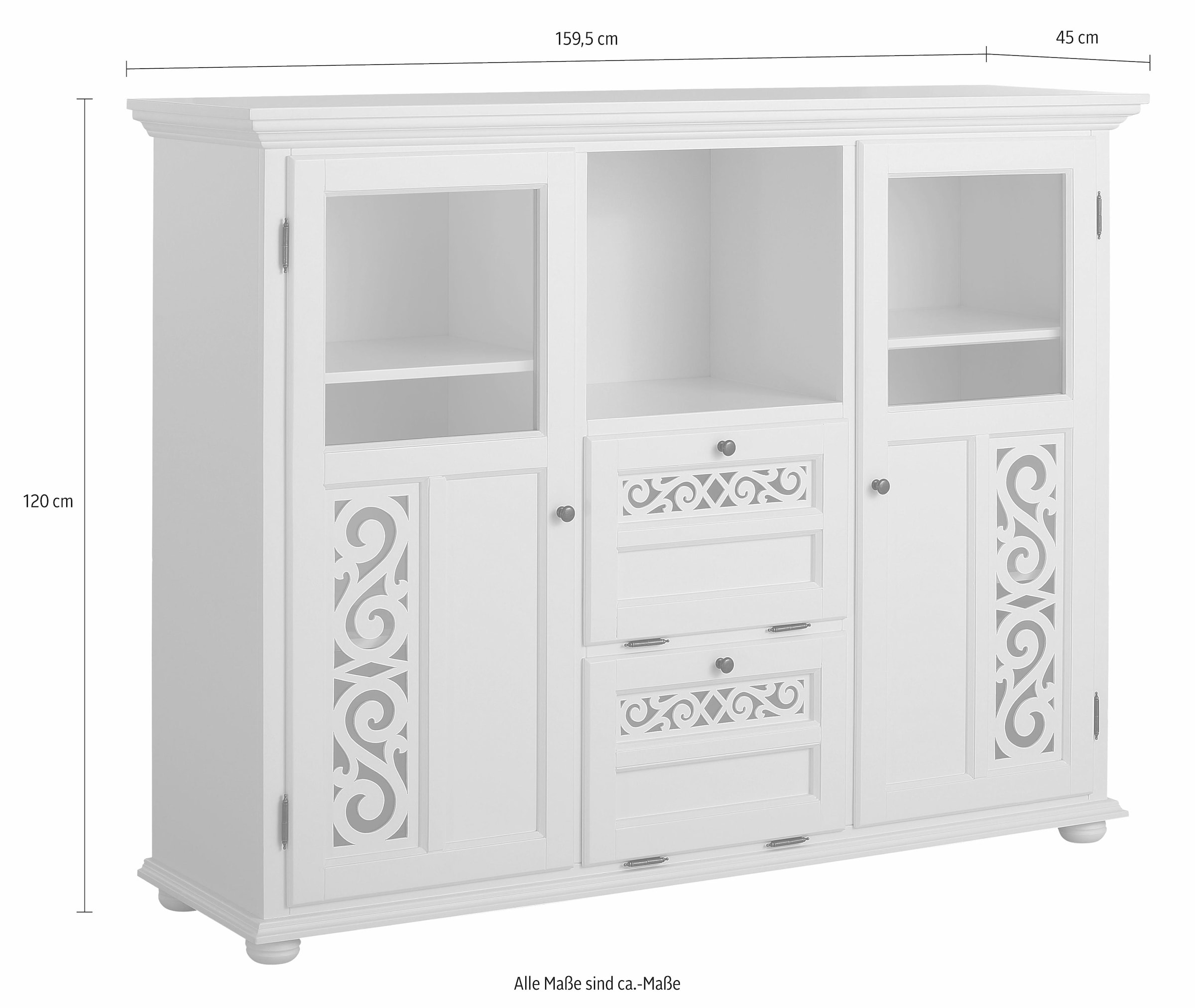 Home affaire Highboard »Arabeske«, Vitrine in Holzoptik, mit Fräsungen auf den Türfronten, Breite 160 cm