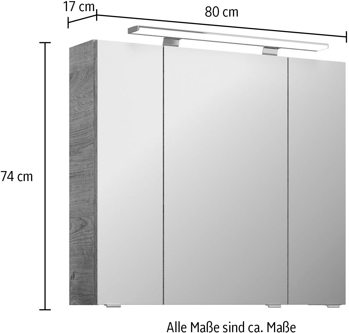 Saphir Badezimmerspiegelschrank »Serie 4010 Badezimmer-Spiegelschrank inkl. LED-Aufsatzleuchte«, Badschrank 80 cm breit, 3 Türen, 6 Glas-Einlegeböden, inkl Türdämpfer