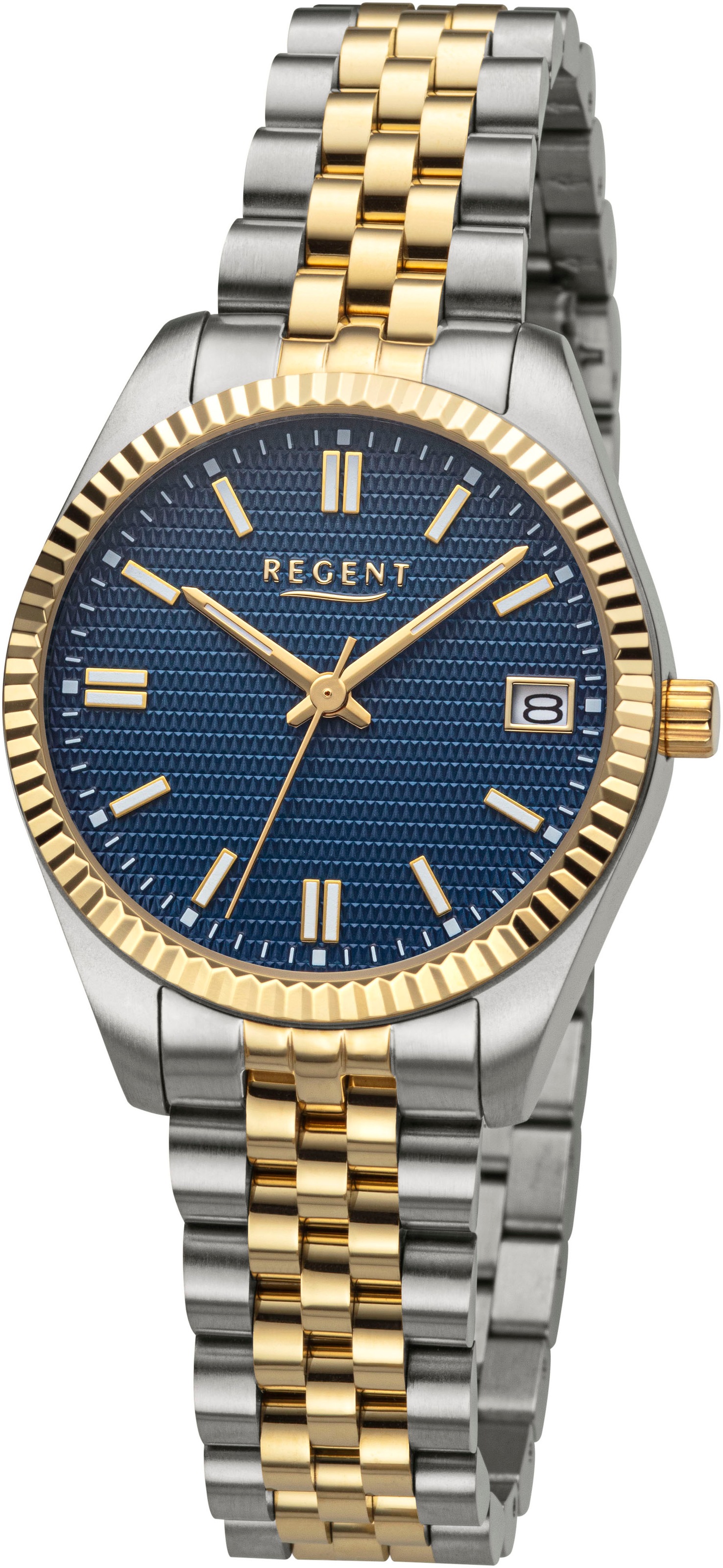 REGENT Quarzuhr Armbanduhr, Damenuhr, Edelstahlarmband, 10 bar wasserdicht, Tag edelstahlfarben, goldfarben-dunkelblau 0 Elegante Damenarmbanduhr