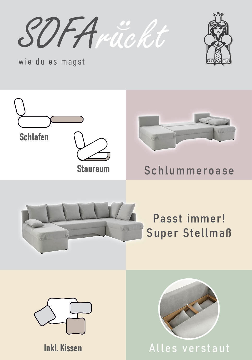 Jockenhöfer Gruppe Wohnlandschaft »U-Form, B: 260 cm« mit Bettfunktion & Bettkasten