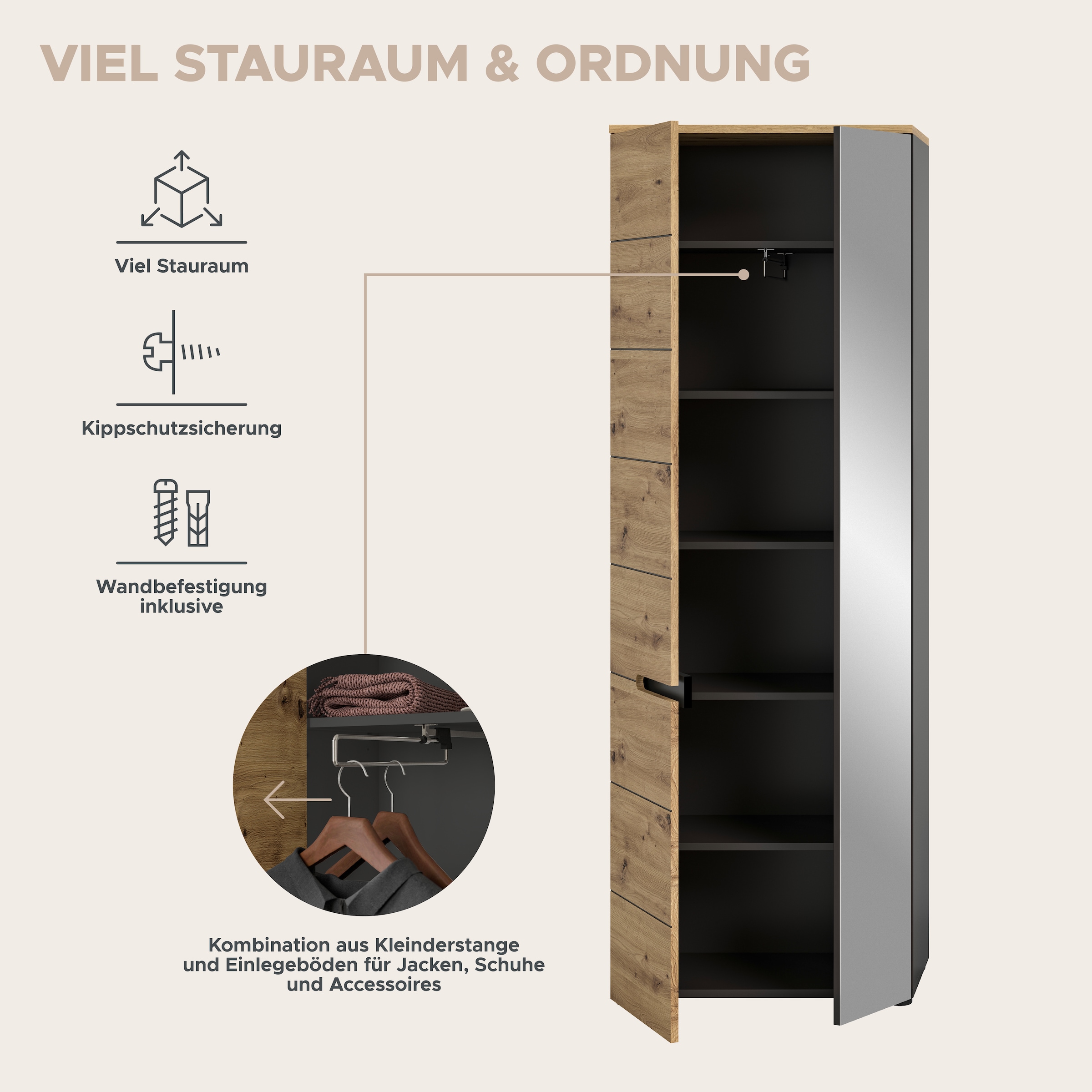 INOSIGN Garderoben-Set, (Set, 6 St., Schrank, Sitzbank, Sitzkissen, Paneel, Hakenleiste, Spiegel, Kommode), Garderobenkombination, Kombination, Set, Flurgarderobe, Diele