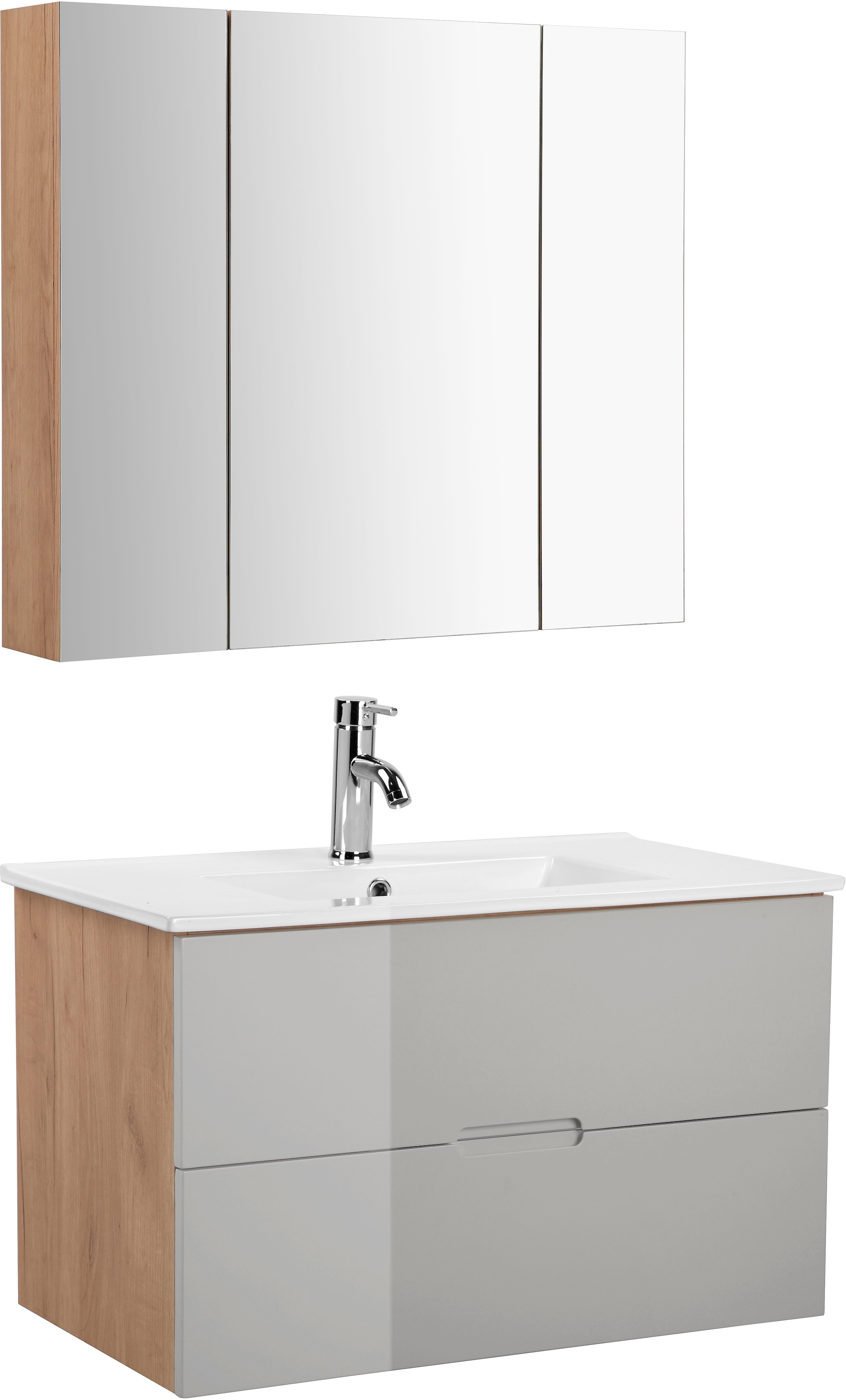 welltime Badmöbel-Set »Lund Badmöbel Set Badschrank Badezimmerset«, (Komplett-Set, 3 St.), Waschtisch, Spiegelschrank und Becken Breite 80cm