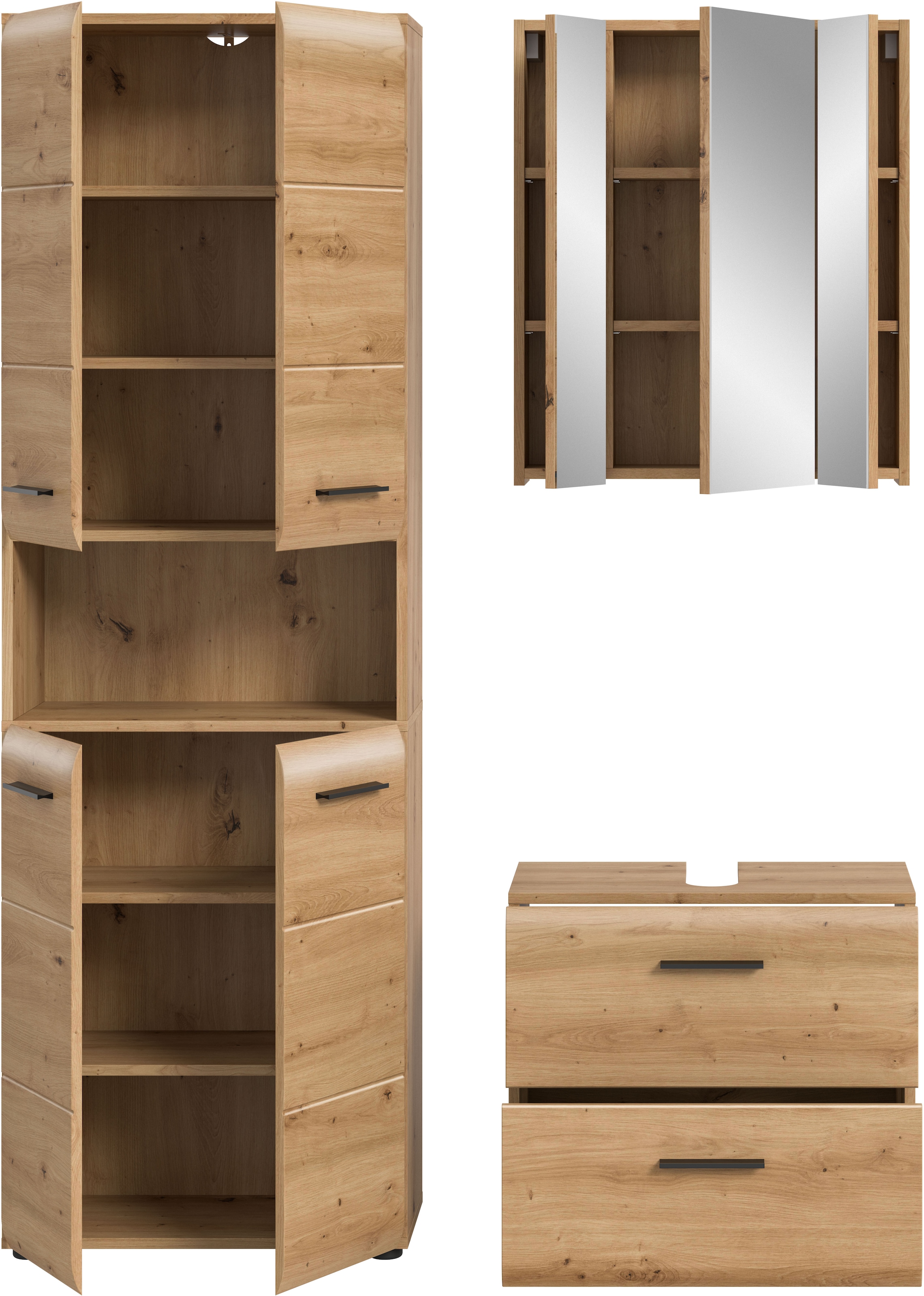 INOSIGN Badmöbel-Set »FLORENZ, TOPSELLER!, 3-teilige Badkombination, hochwertige MDF-Front«, (Set, 3 St., best. aus: 1 Hochschrank, 1 Waschbeckenunterschrank, 1 Spiegelschrank), Florenz, Badkombination 3-tlg., Artisan Oak NB, Hochschrank, WBU