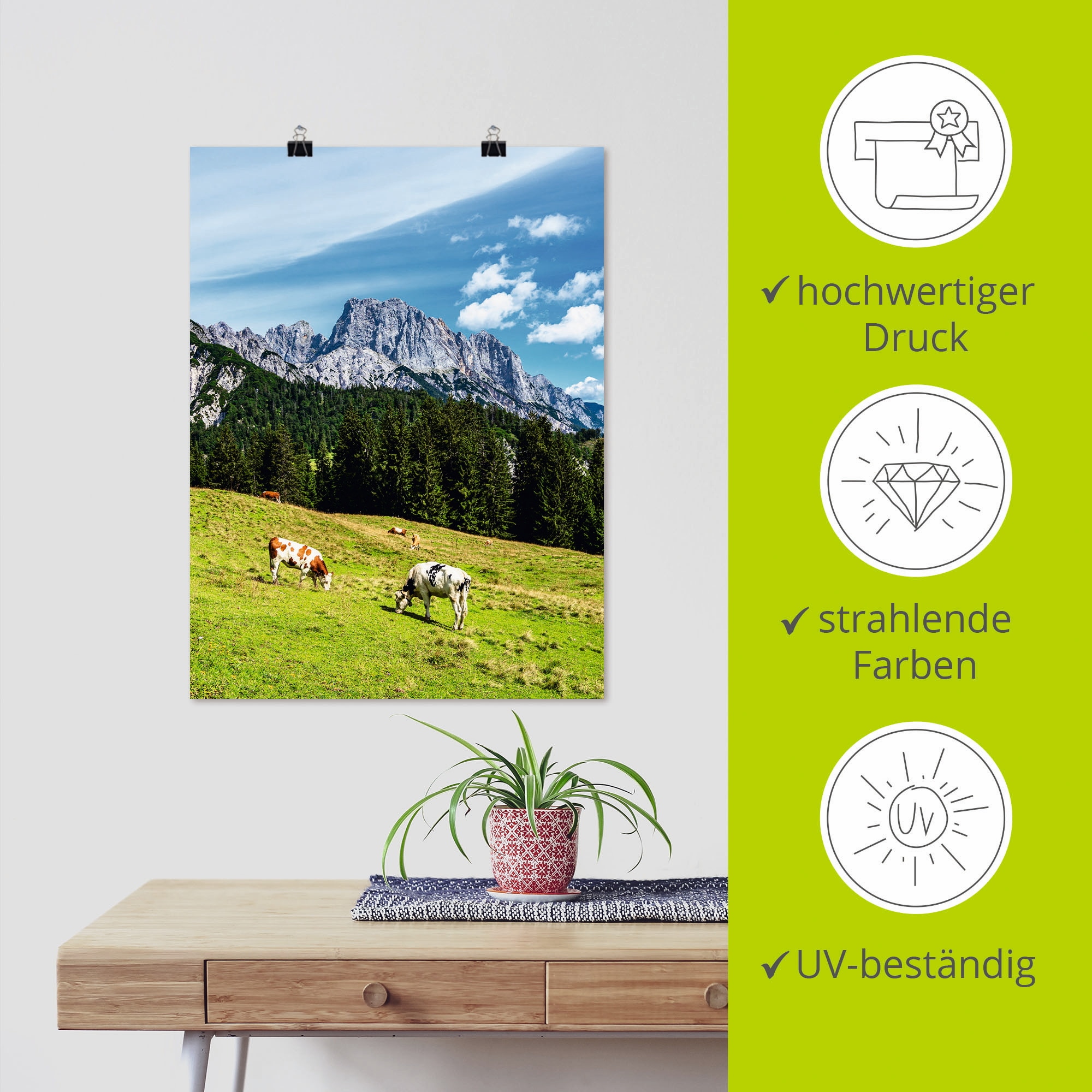 Artland Poster »Blick auf die Litzlalm mit Kühen«, Berge & Alpenbilder, (1 St.), als Alubild, Leinwandbild, Wandaufkleber oder Poster in versch. Größen