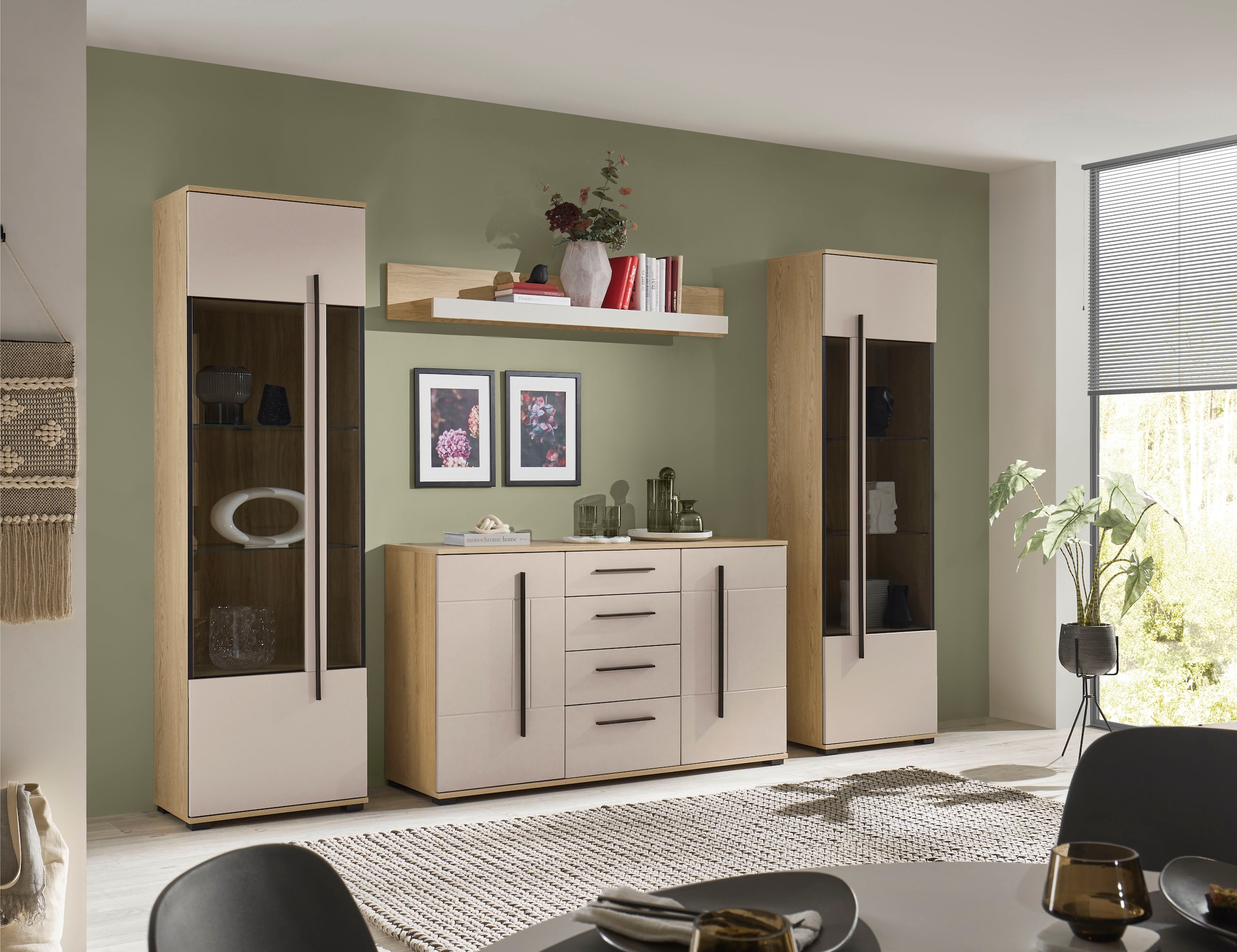 Home affaire Wohnwand »Cantara, Anbauwand, Wohnzimmer-Set, in Eiche Evoke, Weiß oder Kaschmir« Set, 