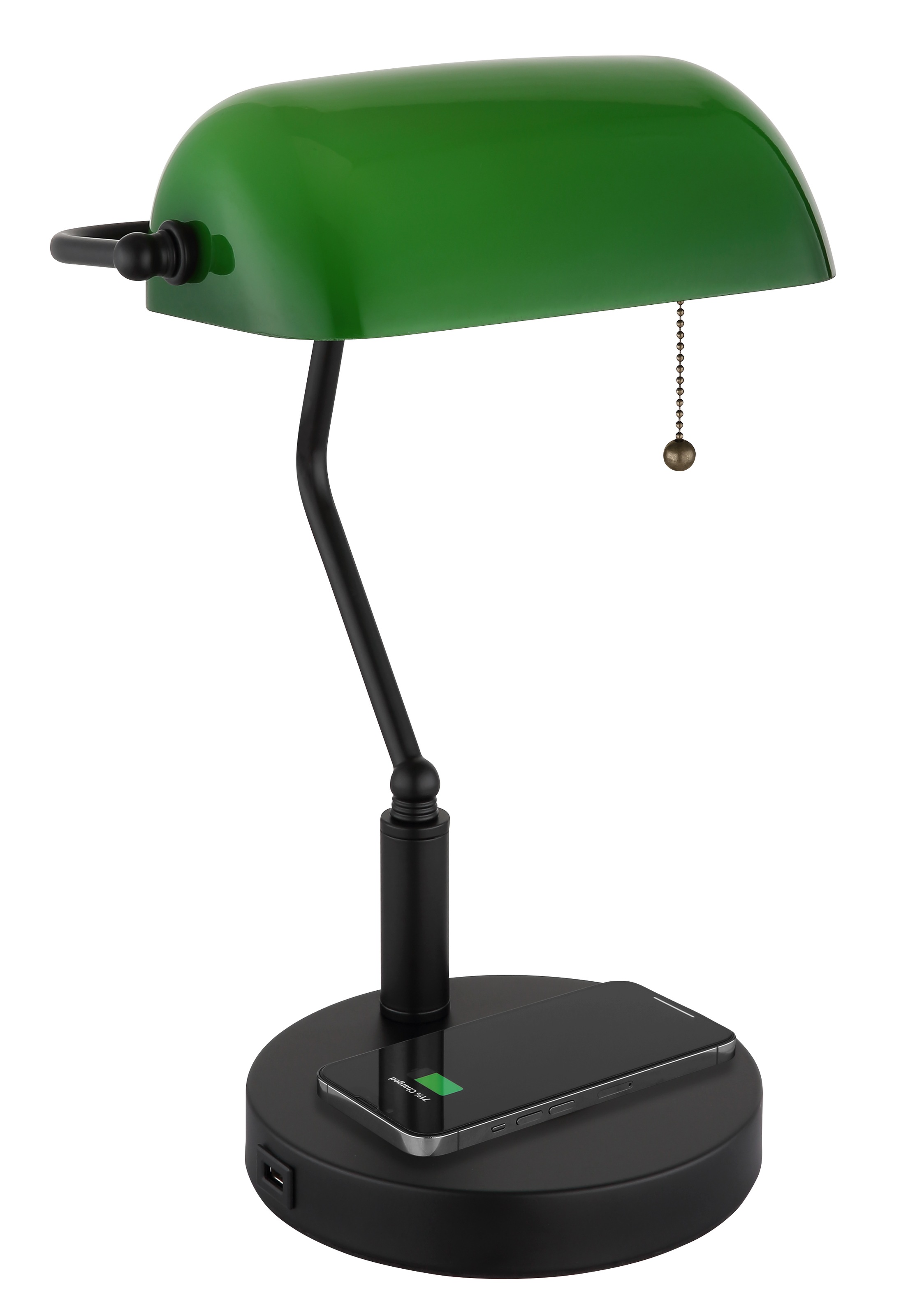 my home Tischleuchte »Daria« E27 1 Stk. Wireless Ladefunktion, Bankerlampe, Zugschalter-Kette