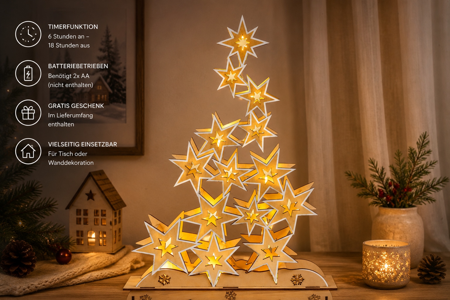 OTTO home LED Dekoobjekt »Holzdekoration Weihnachten, 1 Stück« 1 Stk. Warmweiß Gratis-Hänger, 6h-Timer,Höhe 21 cm