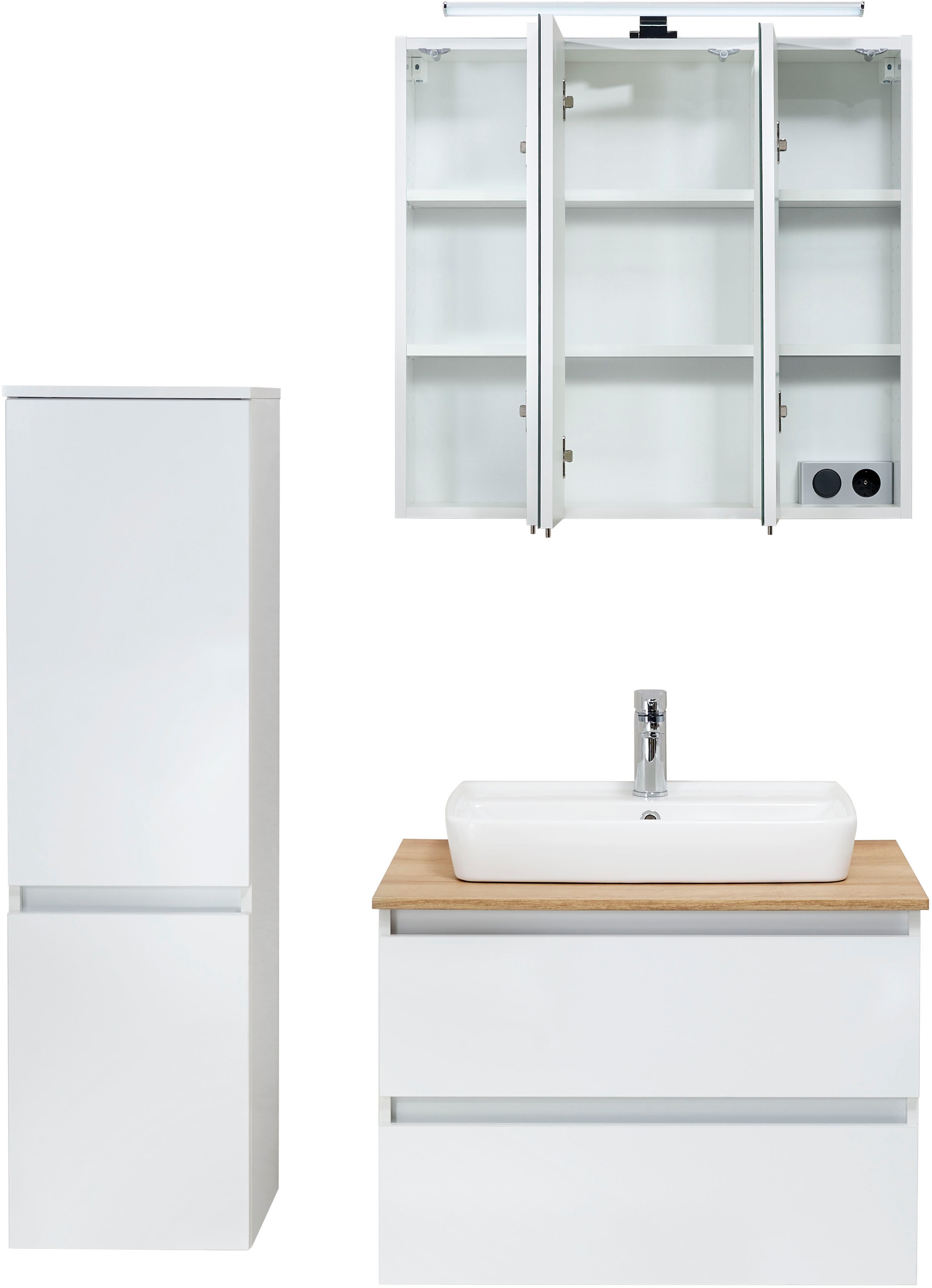 Saphir Badmöbel-Set »Quickset 360 3-teilig, Keramik-Aufsatzbecken mit LED-Spiegelschrank«, (5 St.), mit Midischrank, 5 Türen, 2 Schubladen, inkl. Türdämpfer