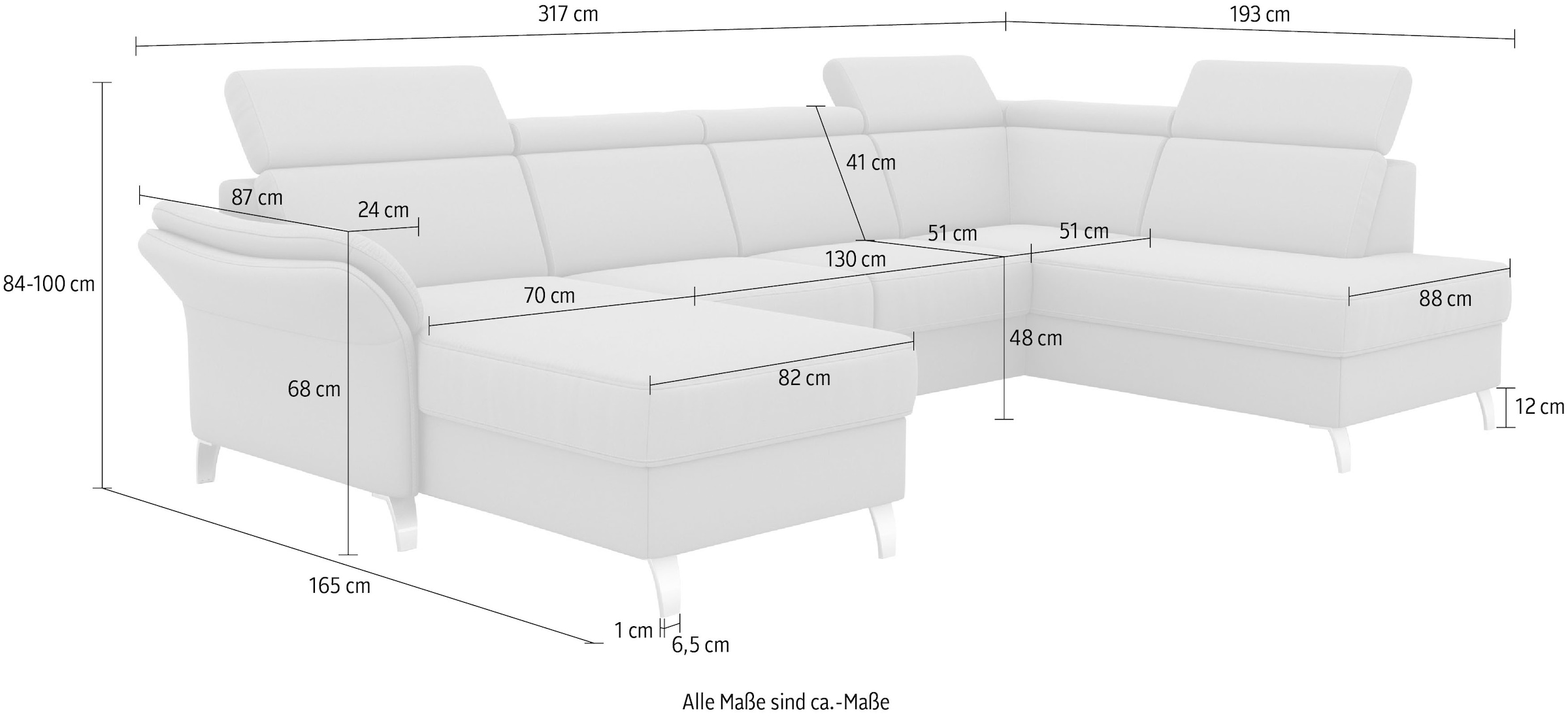 sit&more Wohnlandschaft »Vincenzo U-Form«, inklusive Kopfteilverstellung, wahlweise mit Bettfunktion, Bettkasten
