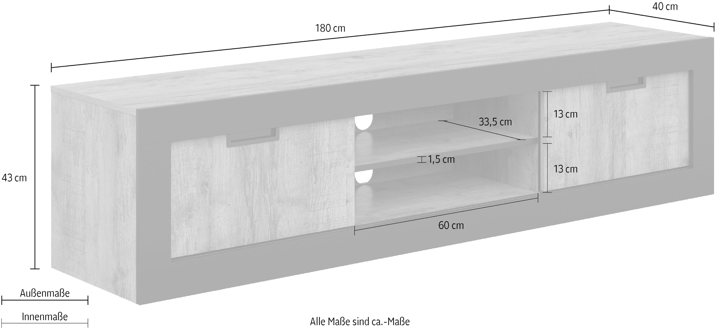 INOSIGN Lowboard »Tudor, Breite 180 cm, moderne TV-Kommode mit 2 Schiebetüren«, TV-Schrank mit viel Stauraum, TV-Board dekorative Rahmenoptik