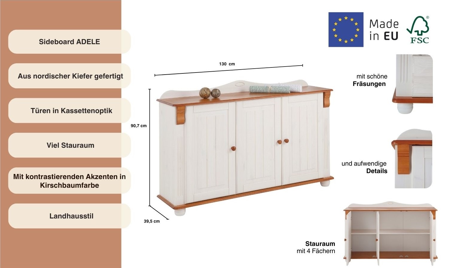 Home affaire Sideboard »Adele«, Kommode, 3-türig, Breite 130 cm, aus massiver Kiefer, FSC®