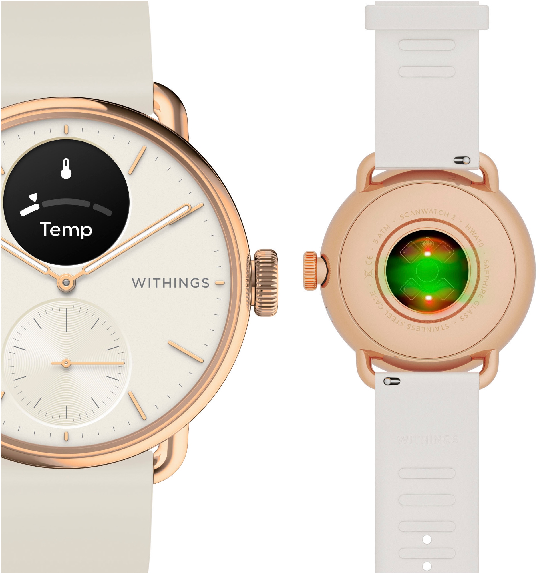 Withings Smartwatch »ScanWatch 2 38mm, hybrid, Akku bis 30 Tage, 50 M Wasserdicht«, HealthSense OS, Aktivitätstracking, Schlafüberwachung, Herzgesundheit, Temperatur uvm.