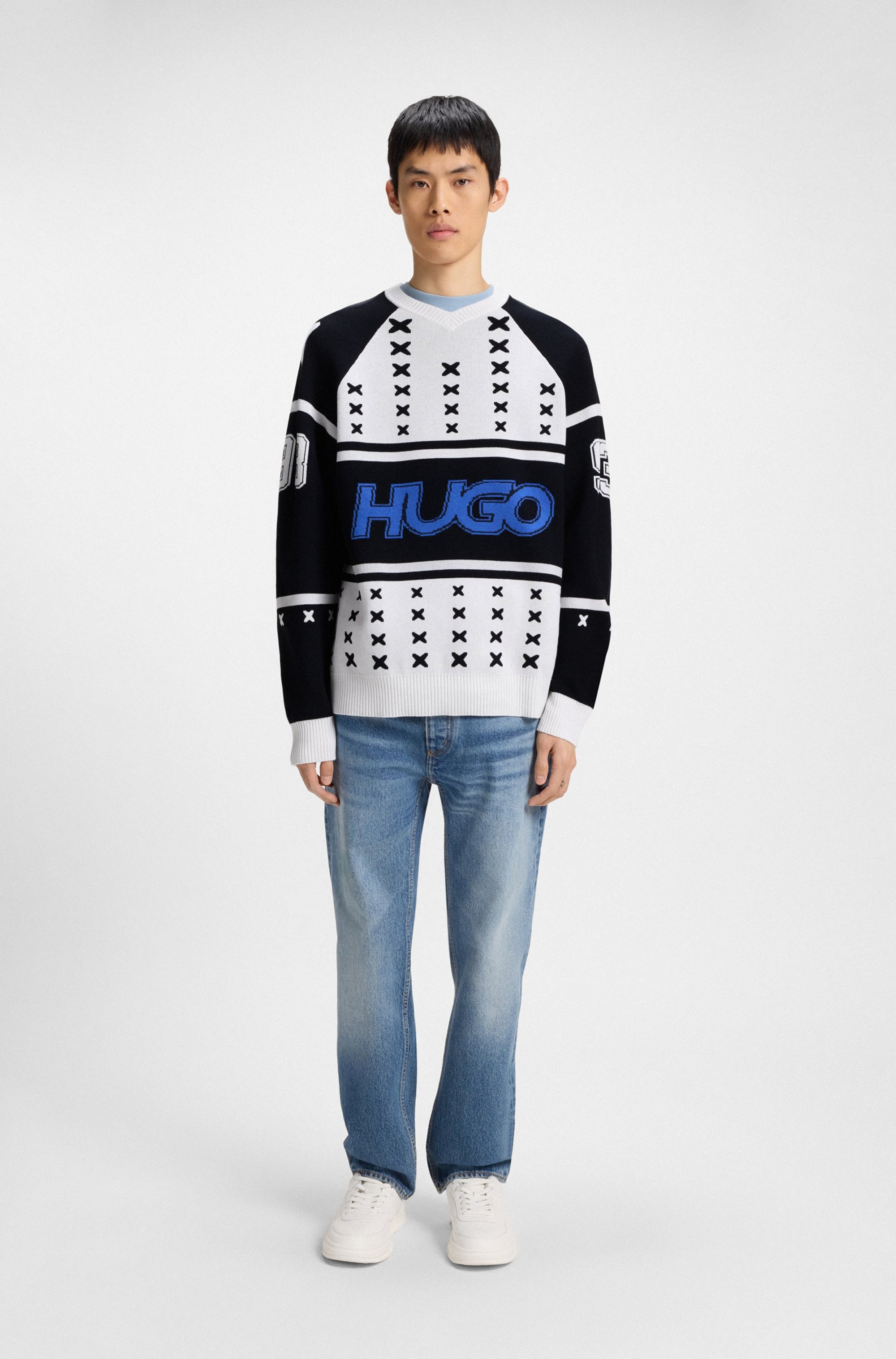 HUGO Blue V-Ausschnitt-Pullover »Shalock«, mit aufwendiger Intarsie