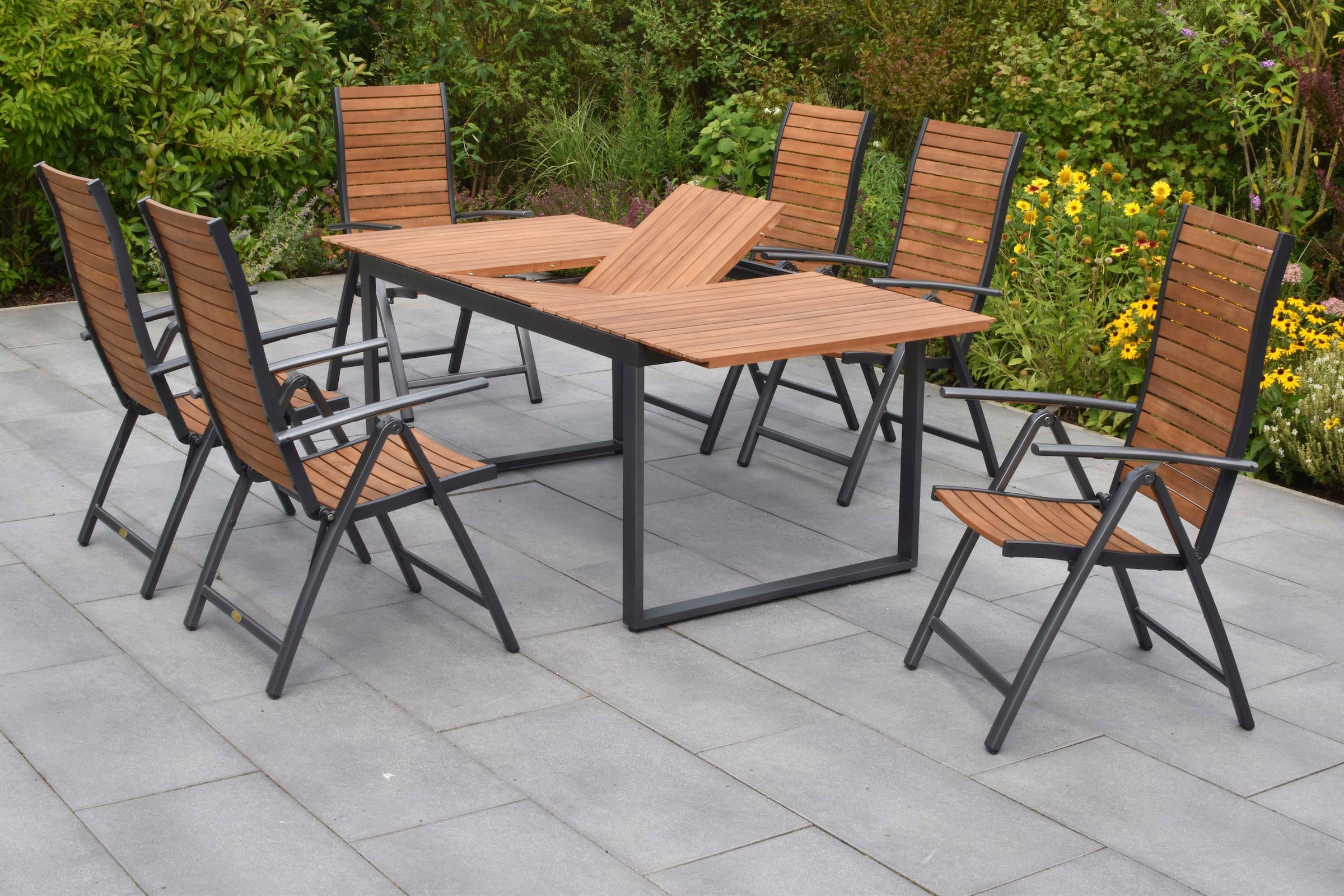 MERXX Garten-Essgruppe »Santorin« Set, 13 tlg. inkl. 6 Klappsessel, 6 Auflagen, 1 Ausziehtisch