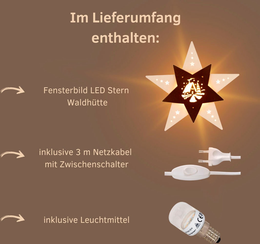 Weigla Dekostern »LED Waldhütte, beleuchtetes Fensterbild, WEIẞ-BRAUN«, (1 St.), Erzgebirge garantiert, Weihnachtsdeko Innen, Weihnachtsbeleuchtung