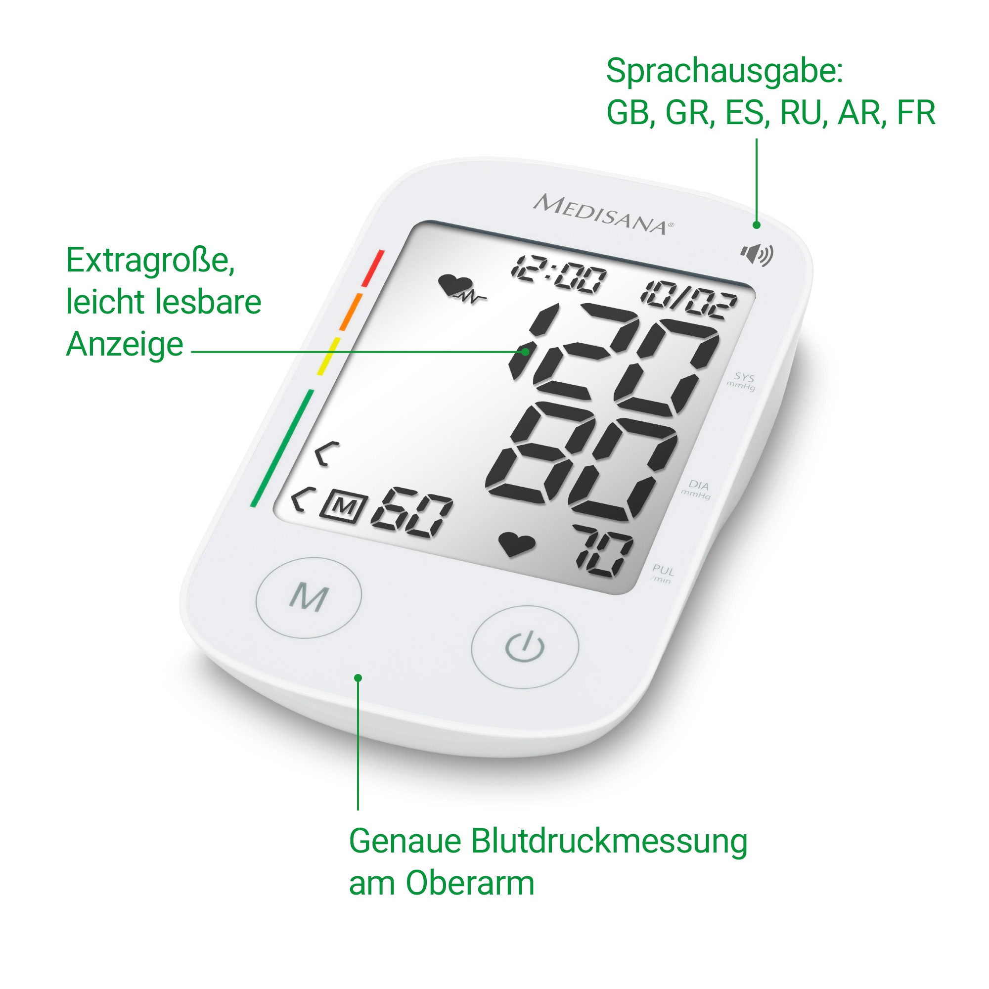 Medisana Oberarm-Blutdruckmessgerät »BU 535 Voice«, Sprachausgabe, unregelmäßige Herzschlaganzeige, Je 120 Speicherplätze