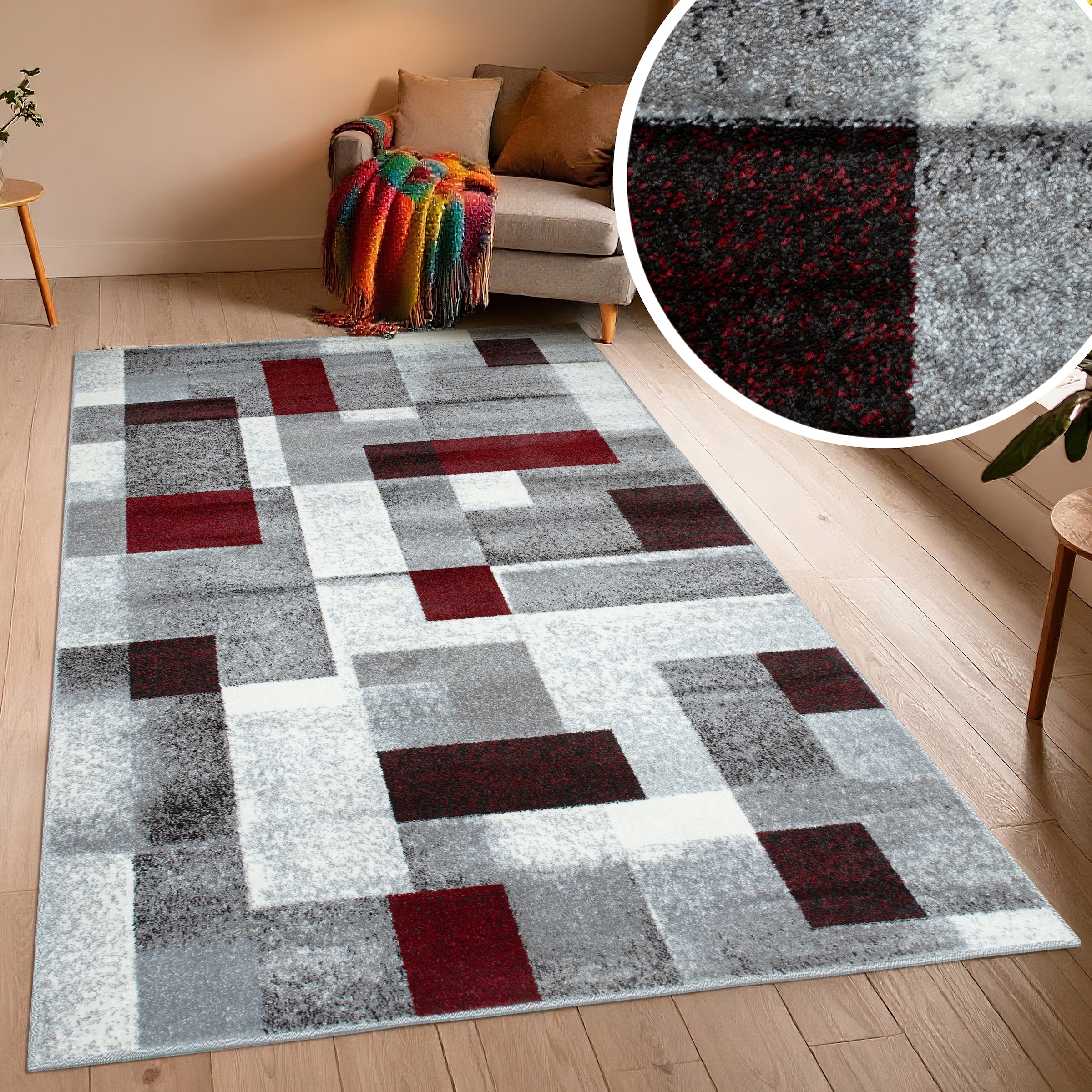 OTTO home Teppich »Corine« rechteckig 9 mm Höhe mit besonders weichem Flor, Kurzflor, modernes Karo-Design,