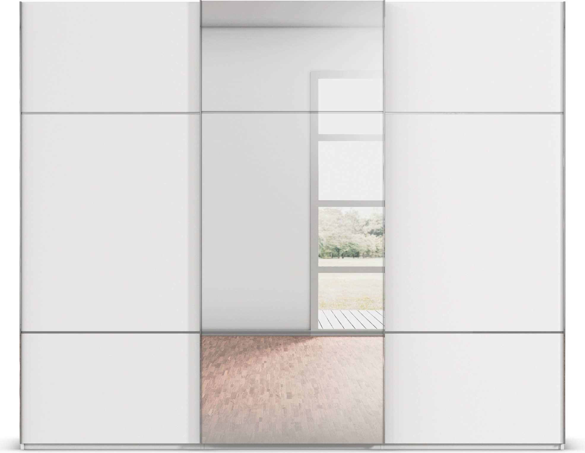 rauch Schwebetürenschrank »Kleiderschrank Schrank Garderobe Schlafzimmerschrank SCALE-TRIO«, edle dreigeteilte Front mit 2 Zierleisten Spiegel/Glas MADE IN GERMANY