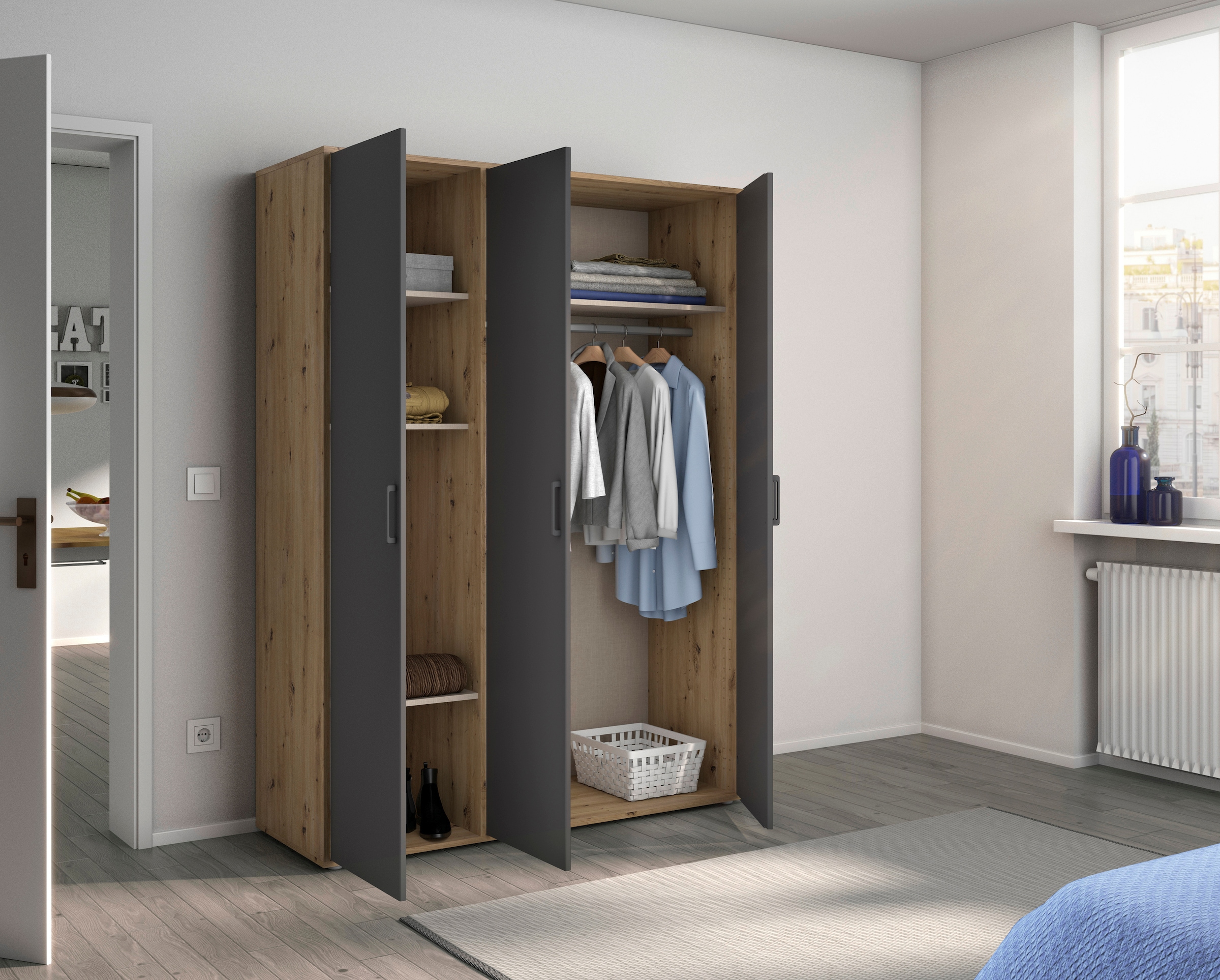 rauch Drehtürenschrank »Kleiderschrank Schrank Garderobe Wäscheschrank TOPSELLER VOYAGER«, mit modernen Griffen in Graumetallic, viel Stauraum MADE IN GERMANY